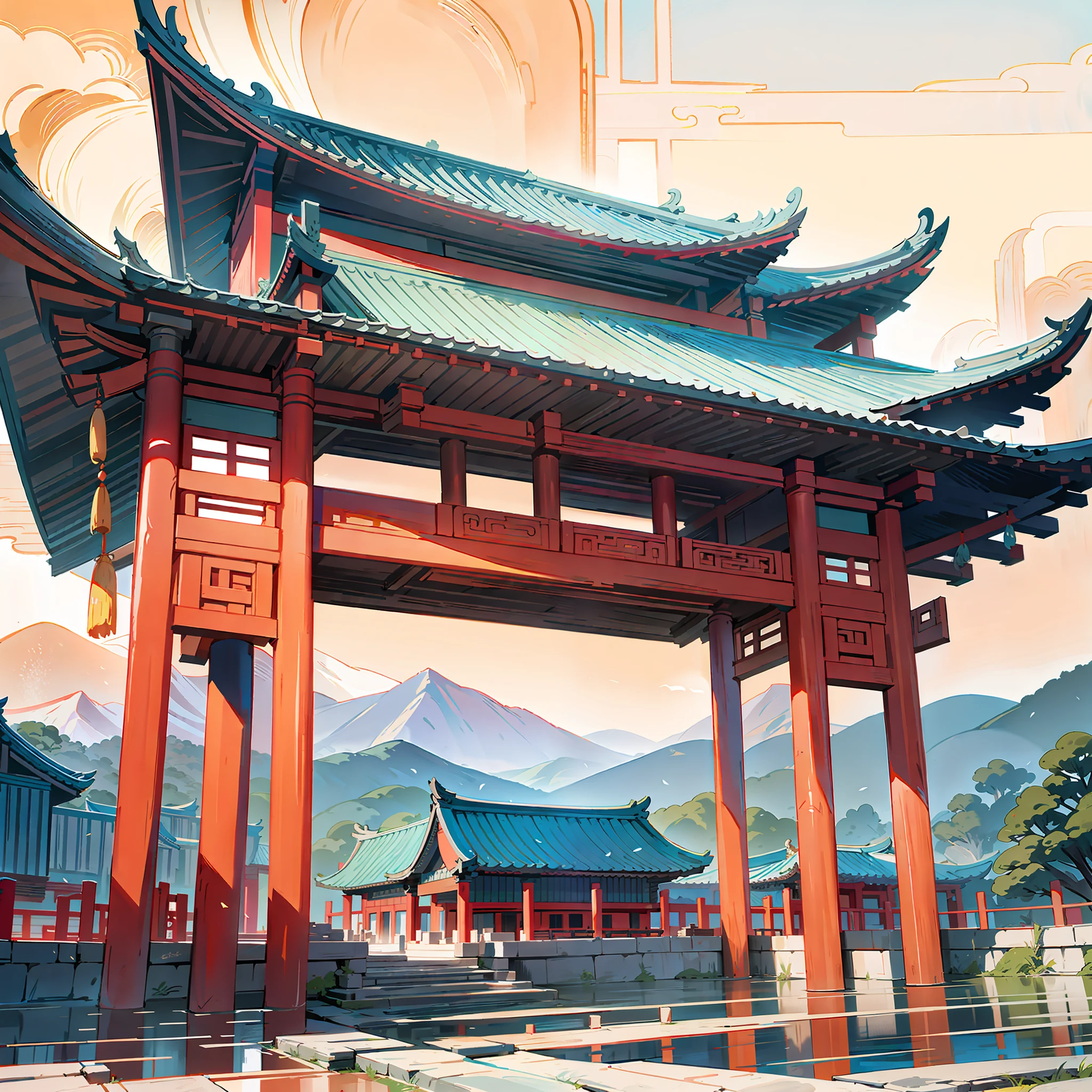 Ancient Chinese architecture, pavilions, carved beams and painted columns, beautiful mountains and rivers, ink painting style, clean color, blank space, freehand, masterpiece, super detailed, epic composition, high quality, highest quality, 4k --v 6