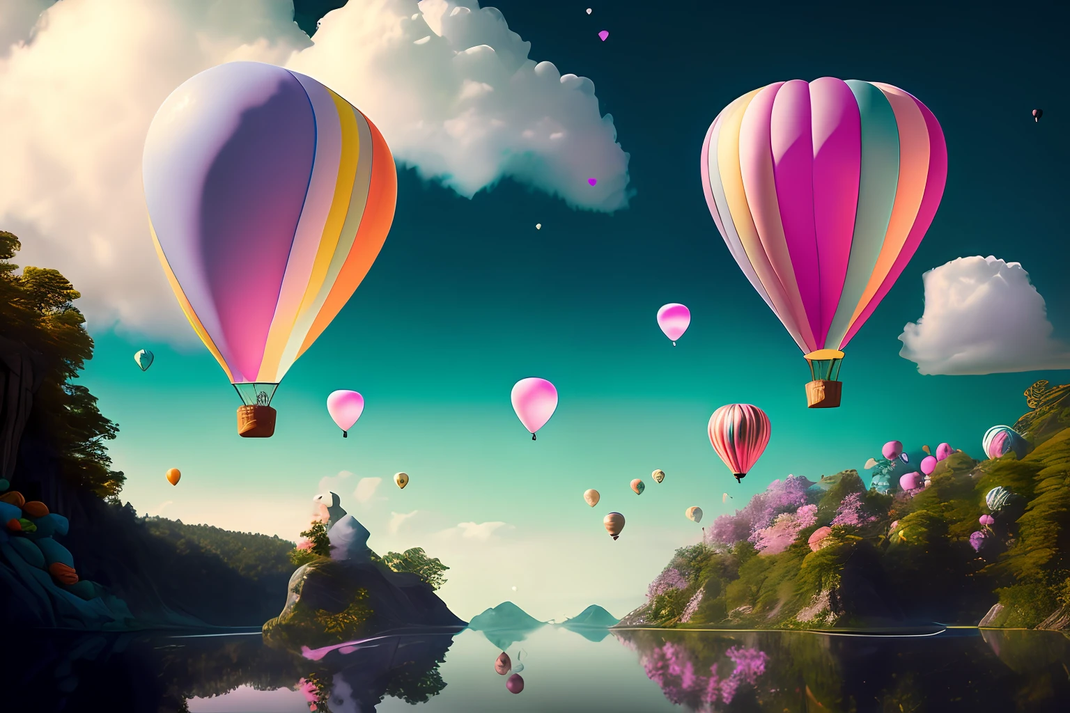 Immerse yourself in a world of pure beauty and wonder, where small, bioluminescent heart-shaped balloons float gracefully above the clouds. These enchanting balloons emit a gentle, otherworldly glow that illuminates the surrounding atmosphere. Against this mesmerizing backdrop, a captivating pair of nymphs appears, exuding a breathtaking beauty that captivates the senses. The composition of the scene is flawlessly arranged, with the nymphs positioned in perfect harmony with the floating balloons, creating a visually stunning tableau. The level of detail in this image is extraordinary, capturing the delicate textures and intricate patterns of the balloons, as well as the ethereal features of the nymphs. This photograph is a true work of art, a masterpiece that showcases the beauty and magic of the natural world. It is captured in astonishing 4K resolution, ensuring that every exquisite detail and breathtaking moment is preserved in breathtaking clarity --no toy, sculpture, 2 heads, 2 faces, ugly, tiling, poorly drawn hands, poorly drawn, crossed eyes, poorly drawn face, out of frame, extra limbs, disfigured, deformed, body out of frame, blurry, bad anatomy, blurred, watermark, grainy, signature, cut off, draft, duplicate, distortion of proportions, anatomy, coppy, multi, two faces, disfigured, kitsch, oversaturated, grain, low-res, mutation, mutated, extra limb, missing limb, loating limbs, disconnected limbs, malformed hands, blur, out of focus, mutilated, mangled, old, heterochromia, dots, bad quality, weapons, NSFW, draft -