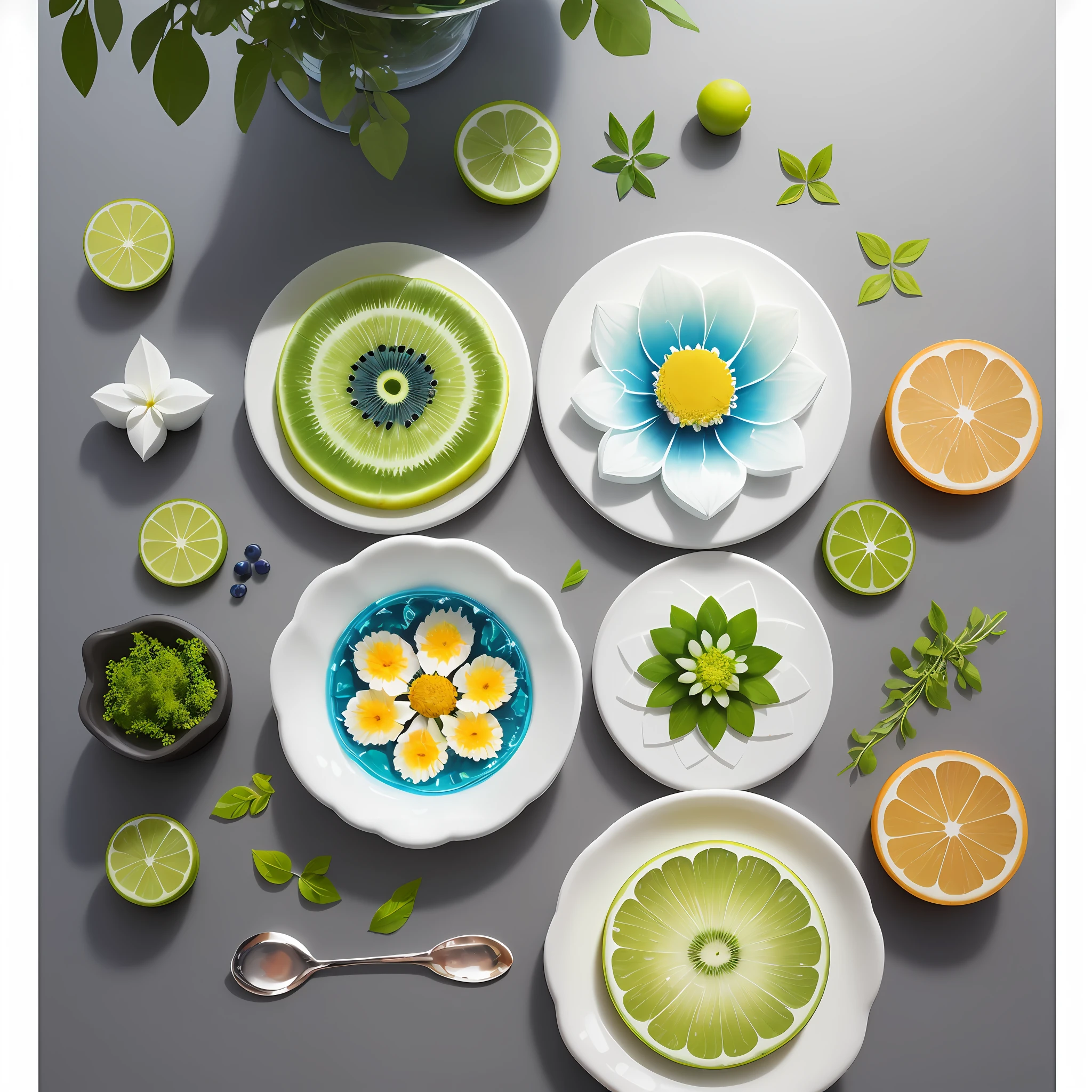 top view,3d stickers,different shapes of items like fruits and fountains and herbs and flowers,food and nature,wonderful items art,simple,style water painting acrylic, detailed style,vibrant gradient colors,masterpiece,white background,beautiful