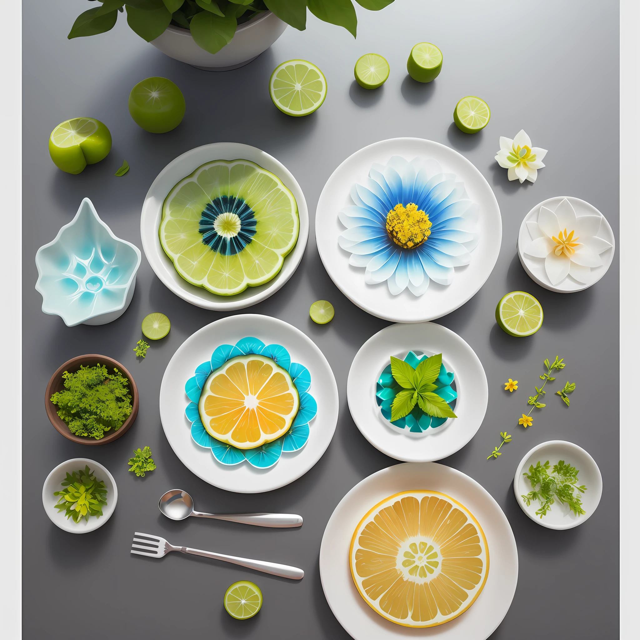top view,3d stickers,different shapes of items like fruits and fountains and herbs and flowers,food and nature,wonderful items art,simple,style water painting acrylic, detailed style,vibrant gradient colors,masterpiece,white background,beautiful