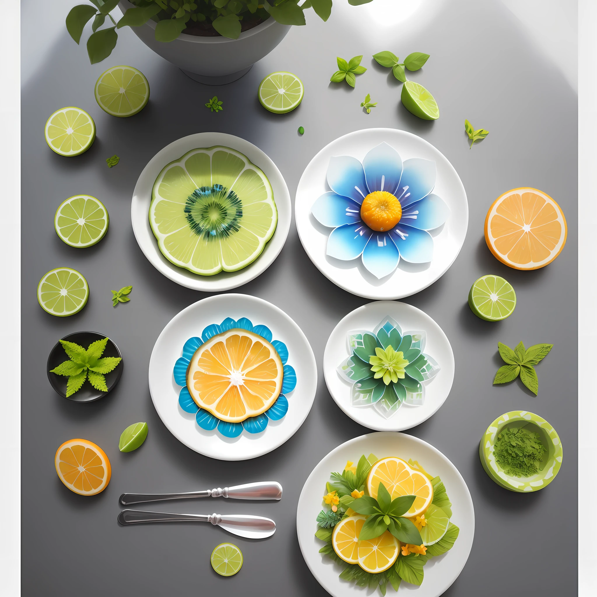 top view,3d stickers,different shapes of items like fruits and fountains and herbs and flowers,food and nature,wonderful items art,simple,style water painting acrylic, detailed style,vibrant gradient colors,masterpiece,white background,beautiful