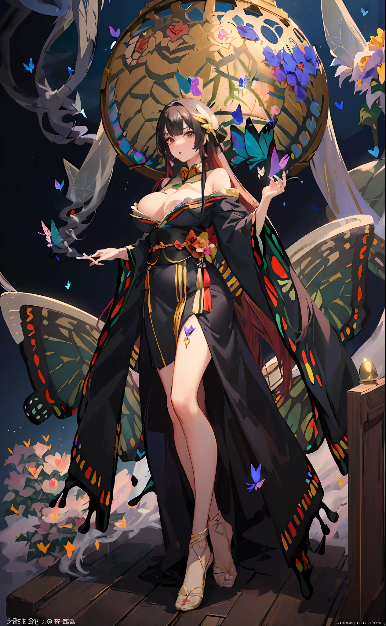 8k, solo, 1 girl, best quality, ultra high res, photorealistic, (colorful, vivid color tone, art nouveau), extremely detailed lighting, cinematic lighting, soft lights, (masterpiece, high quality:1.4), (finely detailed beautiful eyes), (ichihara yuuko, very long black hair, very long kimono, pipe), (full body), (very tall and thin, very long legs), (huge breast), (symbol of moon, round mirror, bird cage), ((full of smoke, flying butterflies, many elegant flowers:2))