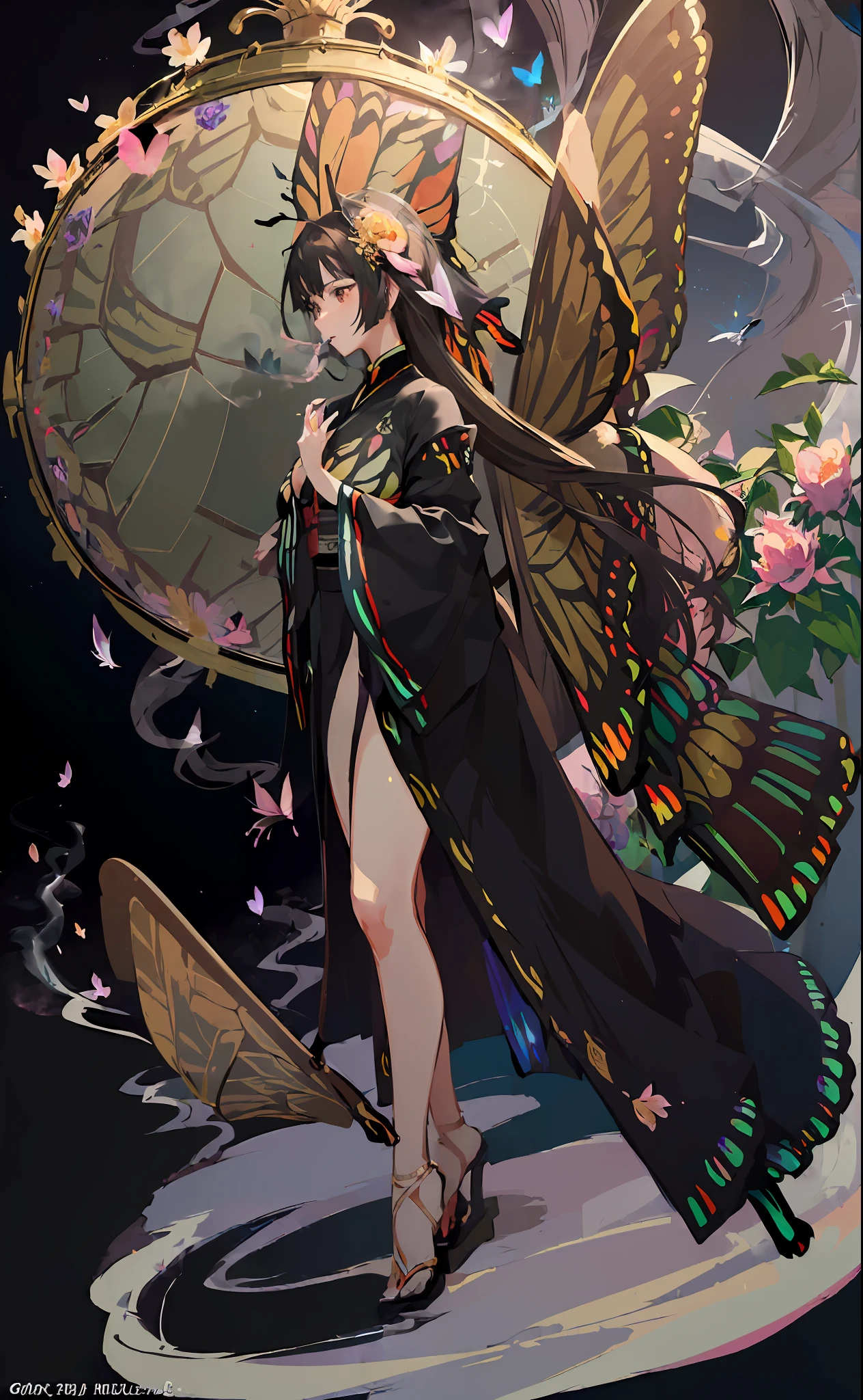8k, solo, 1 girl, best quality, ultra high res, photorealistic, (colorful, vivid color tone, art nouveau), extremely detailed lighting, cinematic lighting, soft lights, (masterpiece, high quality:1.4), (finely detailed beautiful eyes), (ichihara yuuko, very long black hair, very long kimono, pipe), (full body), (very tall and thin, very long legs), (huge breast), (symbol of moon, round mirror, bird cage), ((full of smoke, flying butterflies, many elegant flowers:2))
