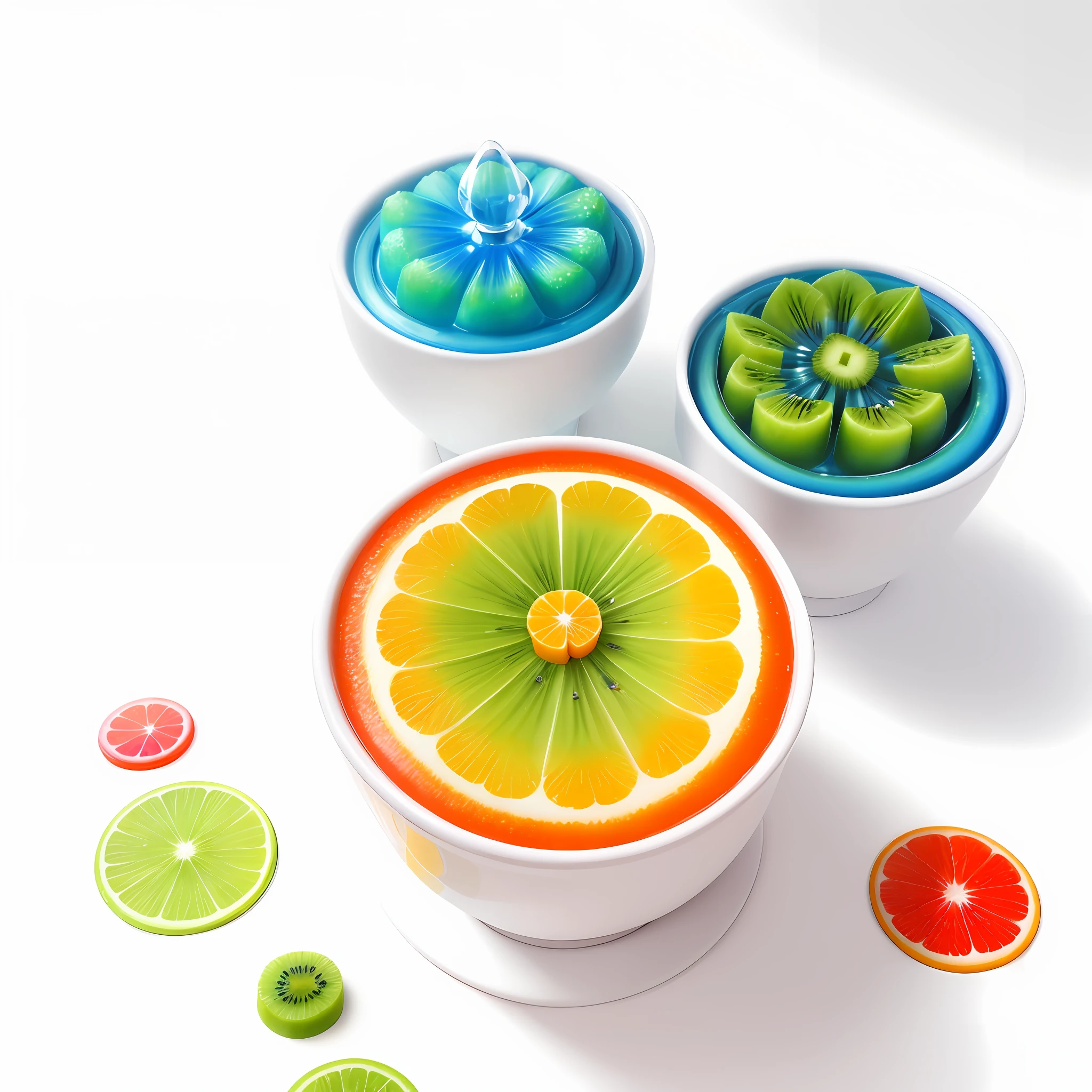 top view,3d stickers,different shapes of items like fruits and fountains and herbs and flowers,food and nature,wonderful items art,simple,style water painting acrylic, detailed style,vibrant gradient colors,masterpiece,white background,beautiful