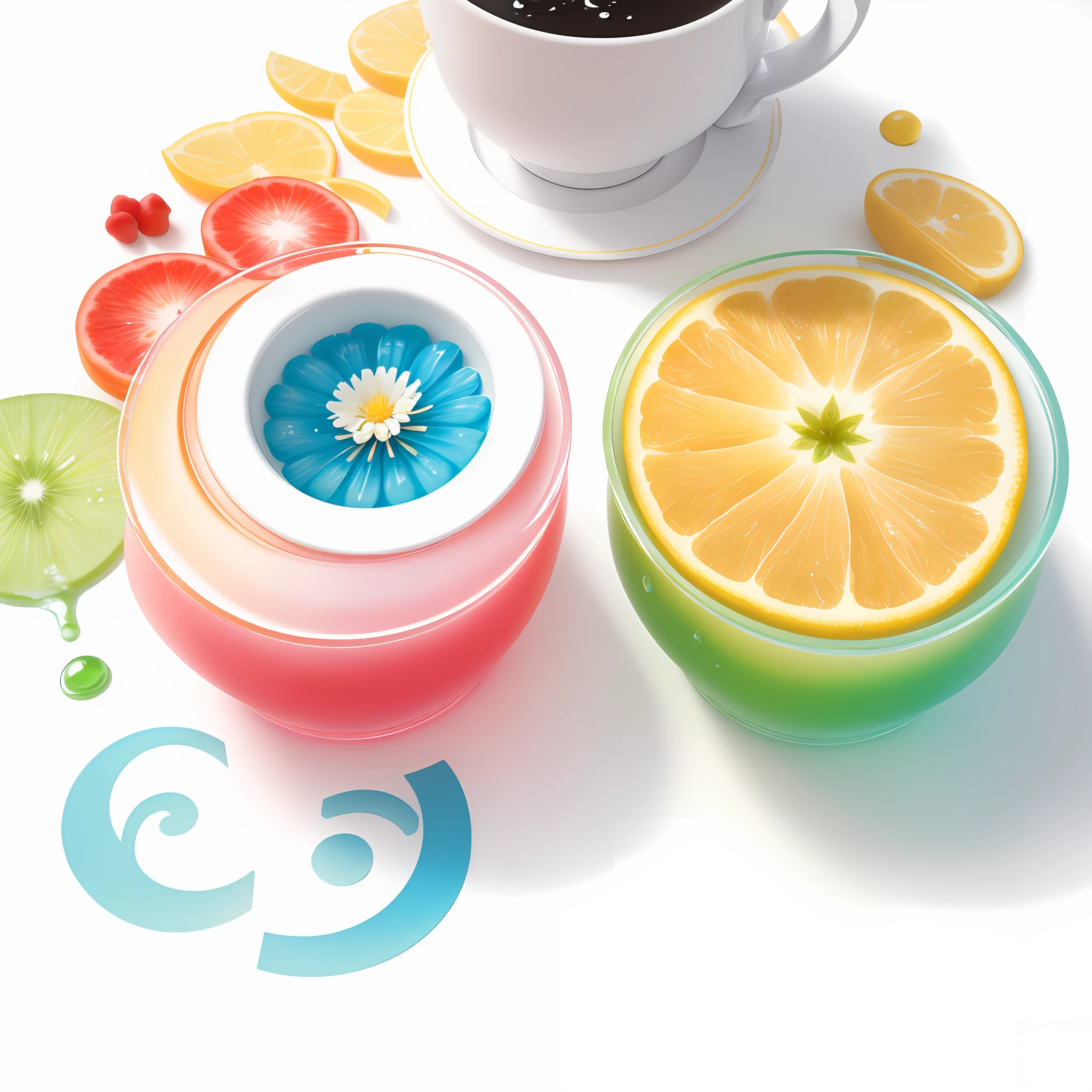 top view,3d stickers,different shapes of items like fruits and fountains and herbs and flowers,food and nature,wonderful items art,simple,style water painting acrylic, detailed style,vibrant gradient colors,masterpiece,white background,beautiful
