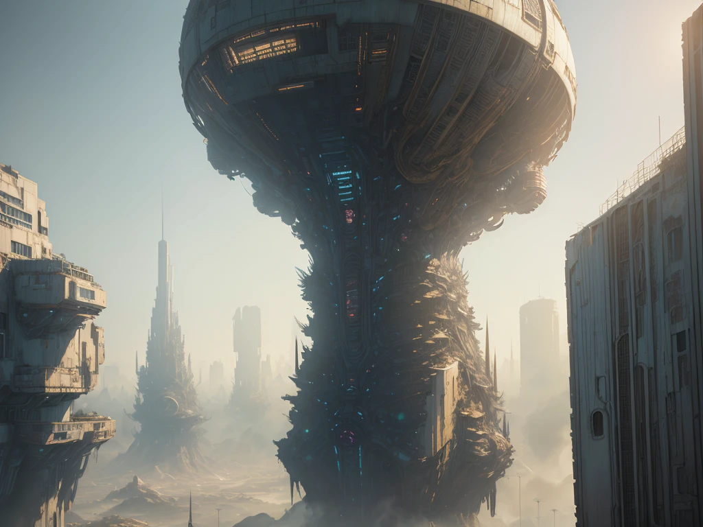 (masterpiece), alien city, (vast decrepit scenery), megastructures, (art by [Bastien Lecouffe-Deharme|Caspar David Friedrich ]:1.2), (unreal engine render, photorealistic painting, photorealism:1.2), (mysterious)
