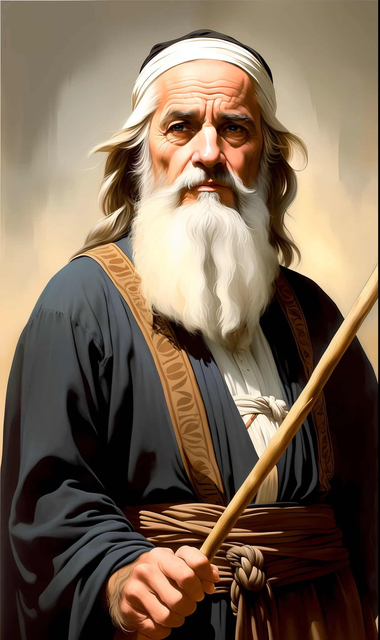 A lovely ultra fine realistic portrait of Moses the prophet, an old Hebrew man, long gray hair, long gray beard, wearing black and red striped tunic, holding a staff, in front view, full body, biblical, realistic, intricate detail, by abbott fuller graves, bartolome esteban murillo, jc leyendecker, craig mullins, peter paul rubens, (caravaggio), trend in artstation, 8k, Concept Art, Fantasy Art, PhotoRealistic, Realistic, Illustration, Oil Painting, Surrealism, HyperRealistic, brush strokes, Digital Art, analog style, watercolor