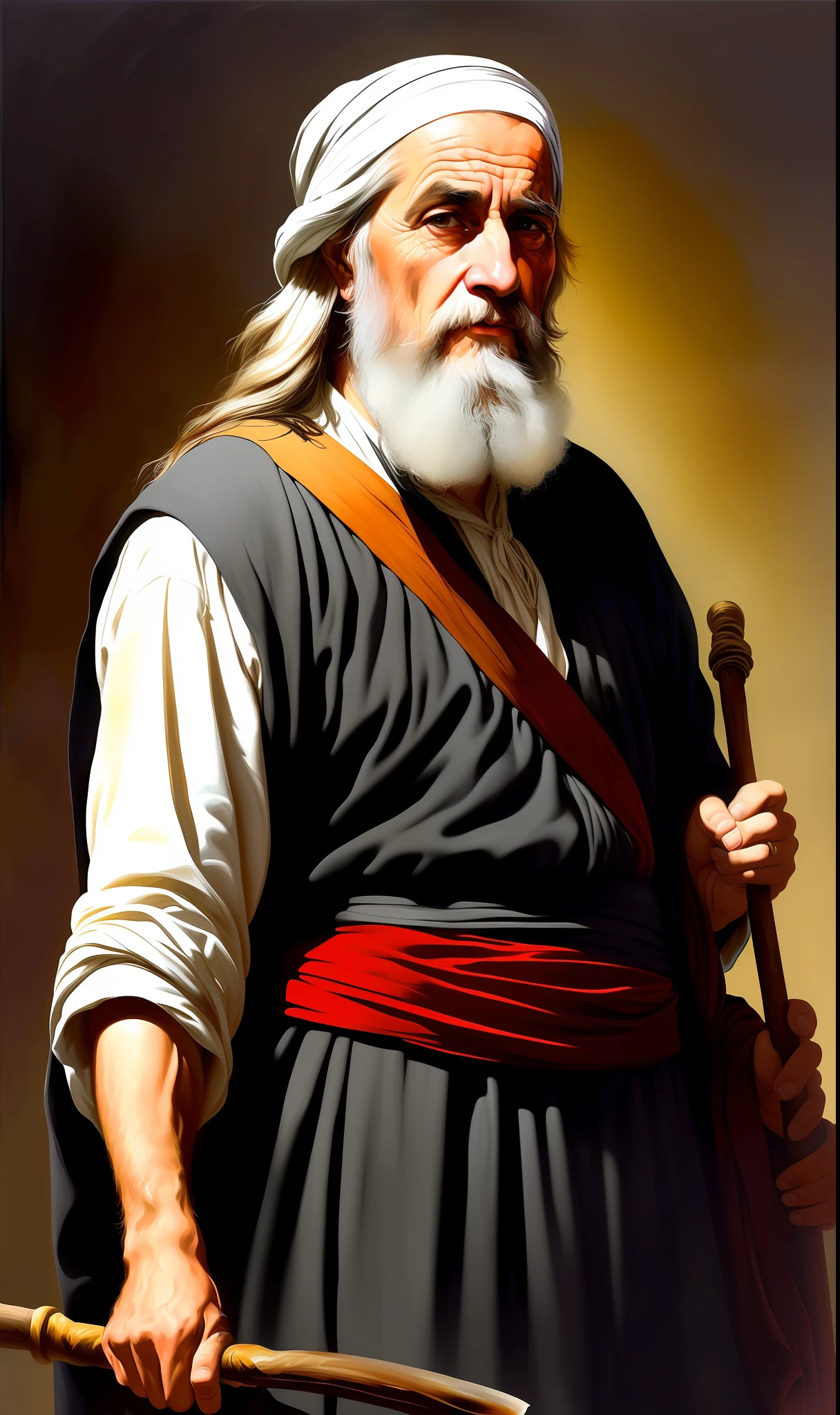 A lovely ultra fine realistic portrait of Moses the prophet, an old Hebrew man, long gray hair, long gray beard, wearing black and red striped tunic, holding a staff, in front view, full body, biblical, realistic, intricate detail, by abbott fuller graves, bartolome esteban murillo, jc leyendecker, craig mullins, peter paul rubens, (caravaggio), trend in artstation, 8k, Concept Art, Fantasy Art, PhotoRealistic, Realistic, Illustration, Oil Painting, Surrealism, HyperRealistic, brush strokes, Digital Art, analog style, watercolor