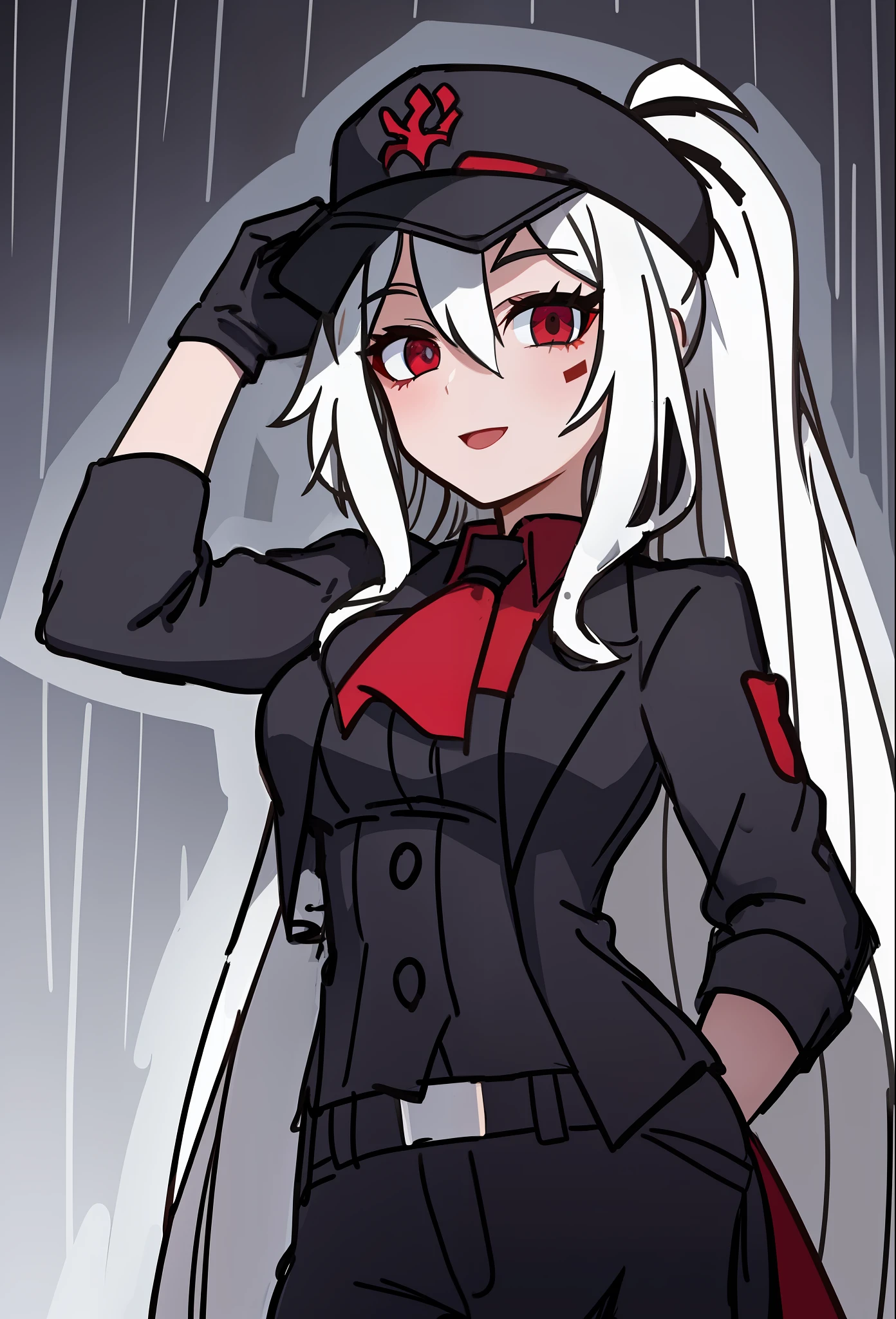 2d, masterpiece, best quality, highly detailed eyes, highly detailed face, cowboy shot, feet out of frame, 1girl, solo, standing, black background, red background, helltaker, azazel \(helltaker\), white shirt, white pants, gold trim, halo, angel, black hair, short hair, white ribbon, hair ribbon, light blue eyes, looking at viewer, smile, open mouth, hand on own face, straight-on