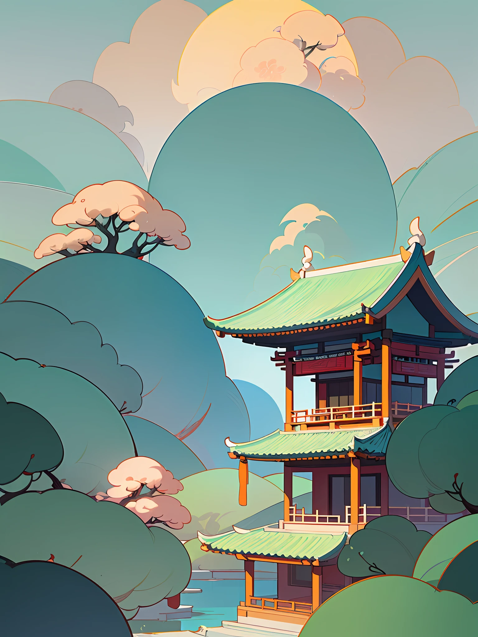 (Chinese landscape), abstract painting, (Zen, Amy Sol style), (spring, green tree, peach blossom, stream, Chinese style architecture), cover art with light abstraction, simple vector art, contemporary Chinese art, color gradients, soft color palettes, layered forms, whimsical animation, style Ethereal abstract, 4K, --v6