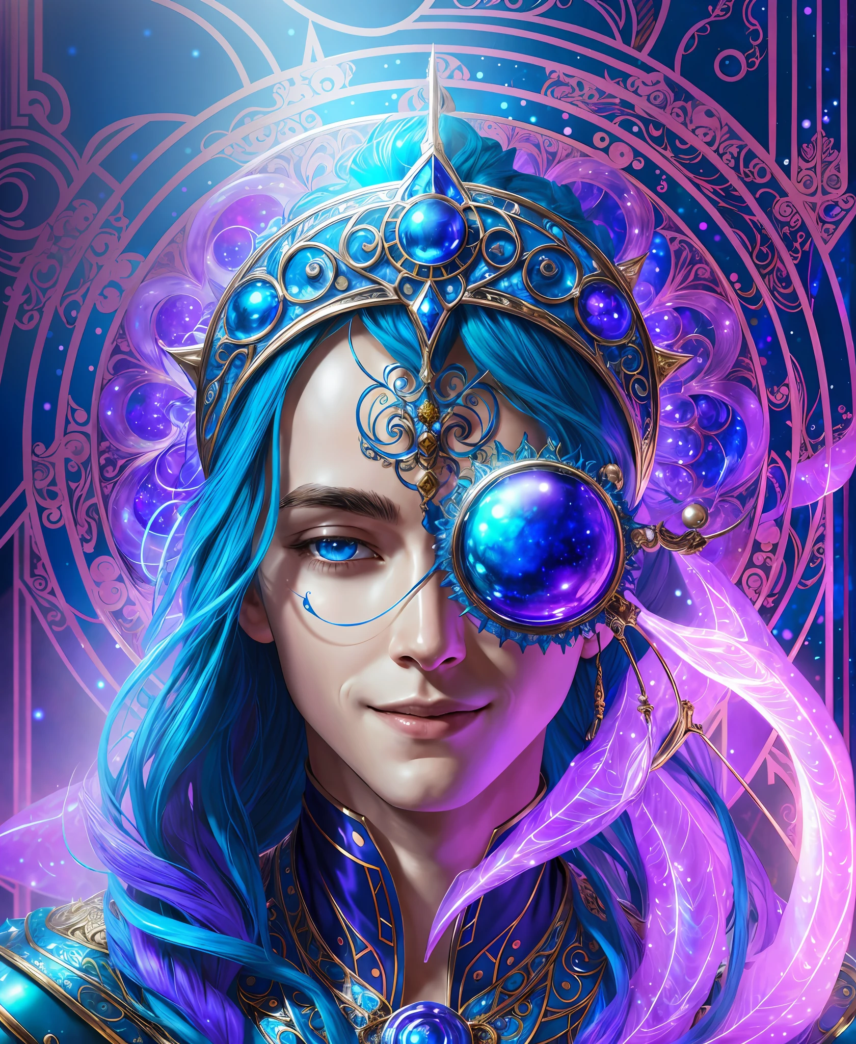 beautiful elven male scientist in elaborate gloves working alchemy, elaborate headpiece and gloves, white robes, alchemical laboratory, elven, long hair, ornate clothes, smiling, blue eyes, ((best quality)), ((masterpiece)), (detailed), realistic eyes, ethereal beauty, delicate, otherworldly charm, daylight, soft colors, (detailed cyberpunk background:1.3) (fantasy illustration:1.3) --v6