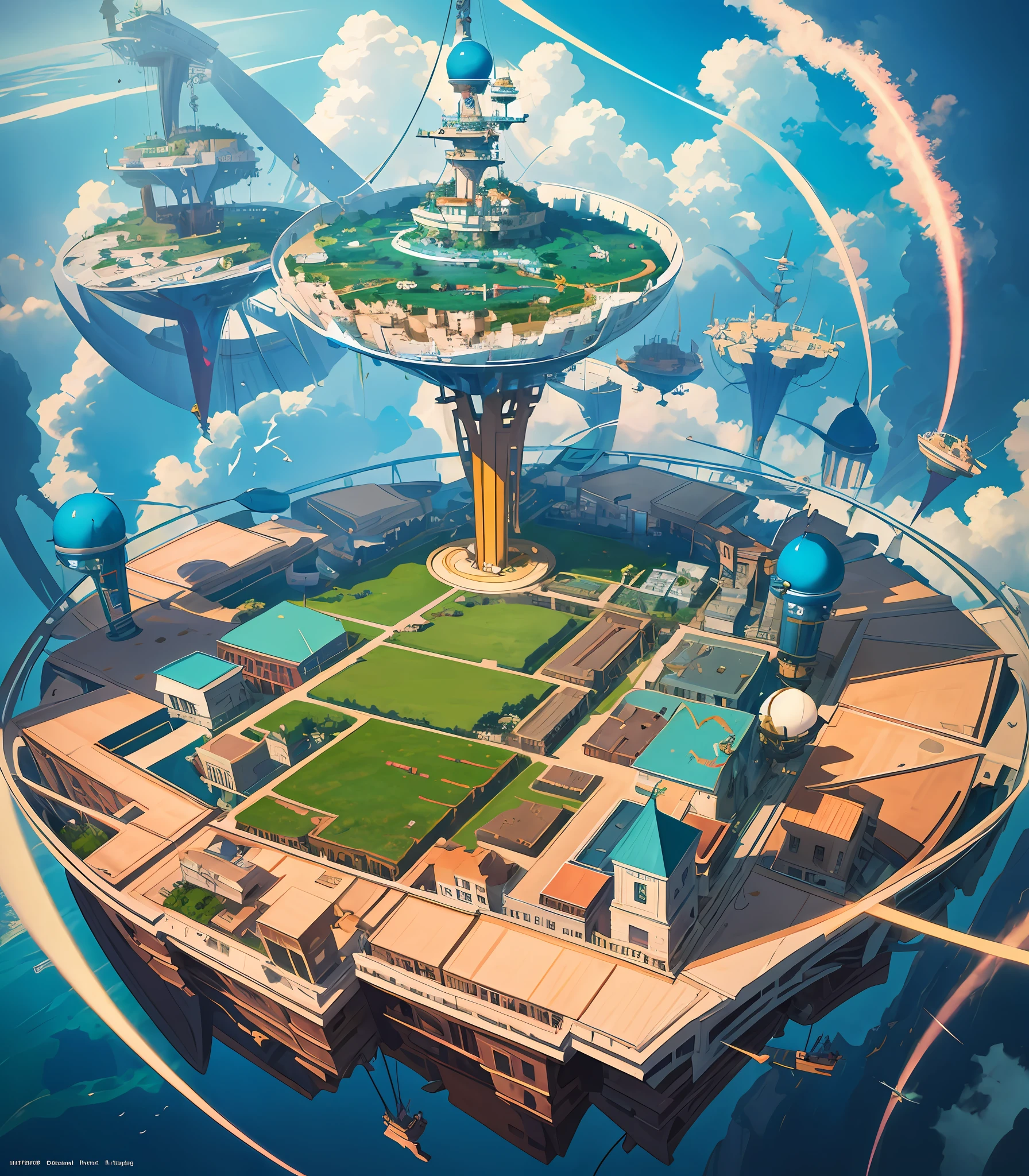 Many islands suspended in the sky, many blimps flying around, city, fantasy, magical plant growth, extreme detail, realistic light, epic composition, (complex detail), (complex design, ultra detail: 1.2) , Art Station, (Masterpiece, Best Quality), Ultra HD, 32k, Color (Fantasy: 1.2), (Hayao Miyazaki Style), Laputa in the Sky, (Irregular Building Floating in the Air), European Architecture, Patchwork House , floral decoration, lighting, concept art inspired by Andreas Rocha, Artstation contest winner, fantasy art, ross tran, light shafts, realistic lighting, masterpiece, high quality, beautiful graphics, high detail, masterpiece, high quality, exquisite graphics, high detail, --v 6