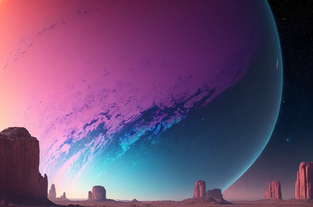 dublex ((((8k)))) HD photo extremely detailed render (((iridescent))) planet, desert landscape, some biological features on the planet’s surface are so massive they can been seen from space, cities can be seen from space ((lights)) thick hazy neon brown and teal atmosphere, deep black ((swirling clouds))