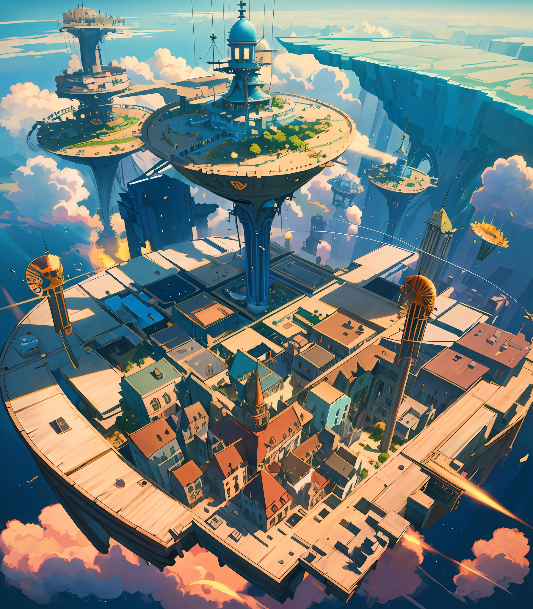 Many islands suspended in the sky, many blimps flying around, city, fantasy, magical plant growth, extreme detail, realistic light, epic composition, (complex detail), (complex design, ultra detail: 1.2) , Art Station, (Masterpiece, Best Quality), Ultra HD, 32k, Color (Fantasy: 1.2), (Hayao Miyazaki Style), Castle in the Sky, (Irregular Buildings Floating in the Sky), ((masterpiece)) ,((best quality)),((high detial)),((realistic,)) industrial age city, deep valley in the middle, architectural streets, bazaars, bridges, rainy days, steampunk, European architecture, patchwork houses, floral decorations , lighting, concept art inspired by Andreas Rocha, Artstation contest winner, fantasy art, ross tran, light shaft, realistic lighting, masterpiece, high quality, beautiful graphics, high detail, masterpiece, high quality, beautiful graphics, high detail, --v 6