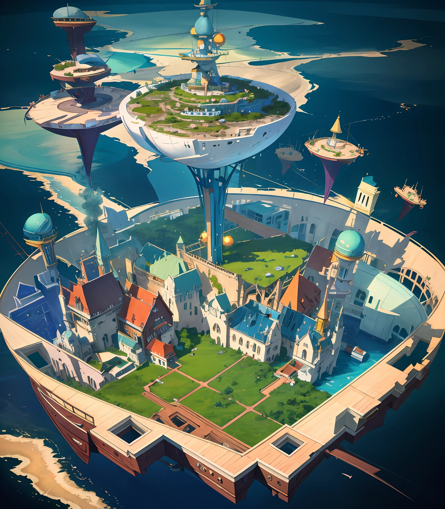 Many islands suspended in the sky, a huge semicircular floating island with complex buildings on it, many small airships flying around, cities, fantasy, magical plant growth, extreme details, realistic light, epic composition, (Intricate Detail), (Intricate Design, Ultra Detail: 1.2), Art Station, (Masterpiece, Best Quality), Ultra HD, 32k, Color (Fantasy: 1.2), (Hayao Miyazaki Style), Laputa , (irregular building floating in the air), european architecture, patchwork house, floral decoration, lighting, concept art inspired by Andreas Rocha, Artstation contest winner, fantasy art, ross tran, light shaft, realistic lighting, masterpiece, high quality, beautiful graphics, high detail, masterpiece, high quality, beautiful graphics, high detail, --v 6