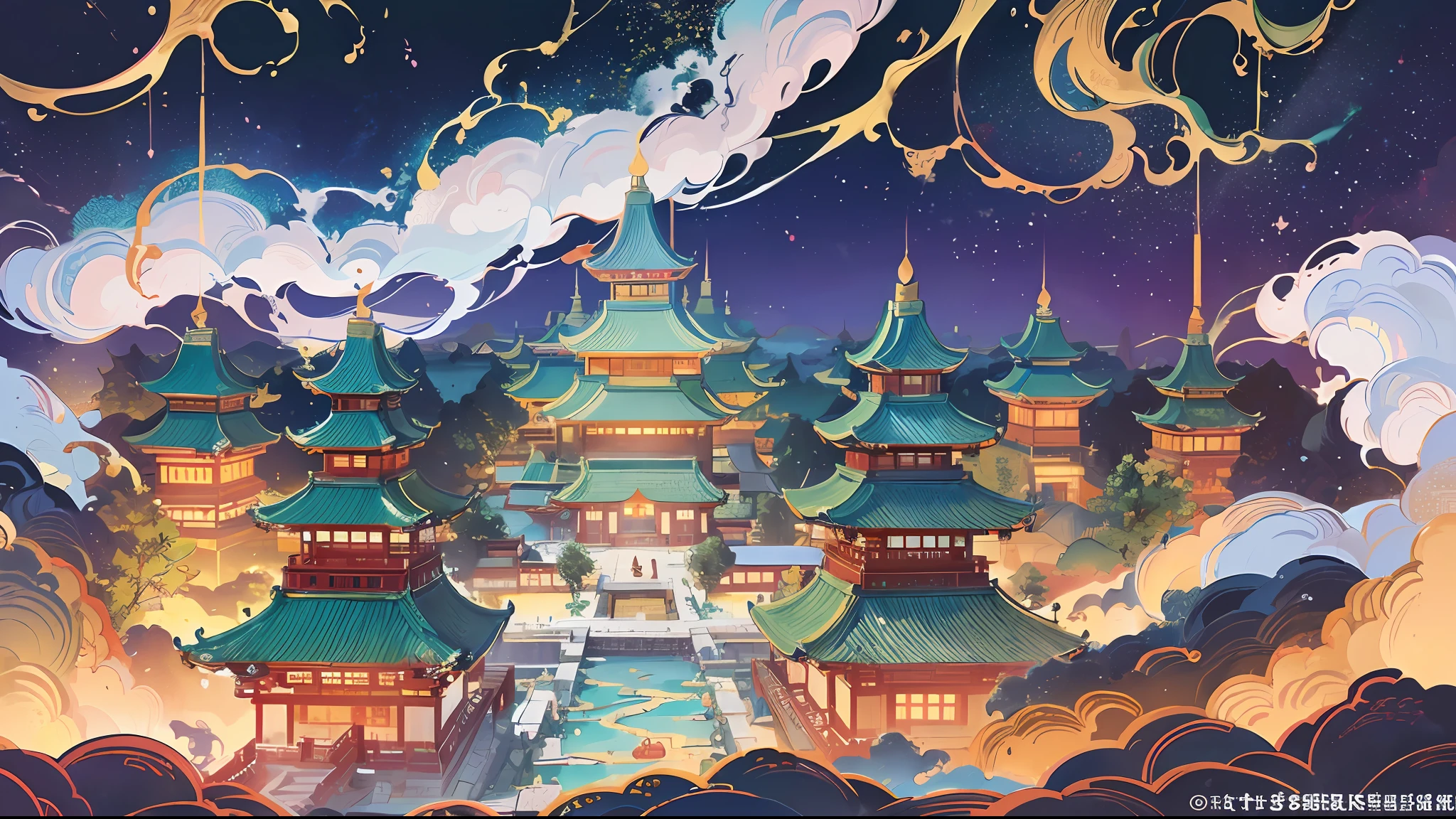 The game scene, the ancient Chinese palace is located above the clouds, Nantianmen, surrounded by clouds and mist, majestic, glazed tiles, Buddha statues, colorful rays of light, ((color ink)), ((splash ink)), (((splash ink))), masterpiece , high quality, beautiful graphics, high detail --v 6