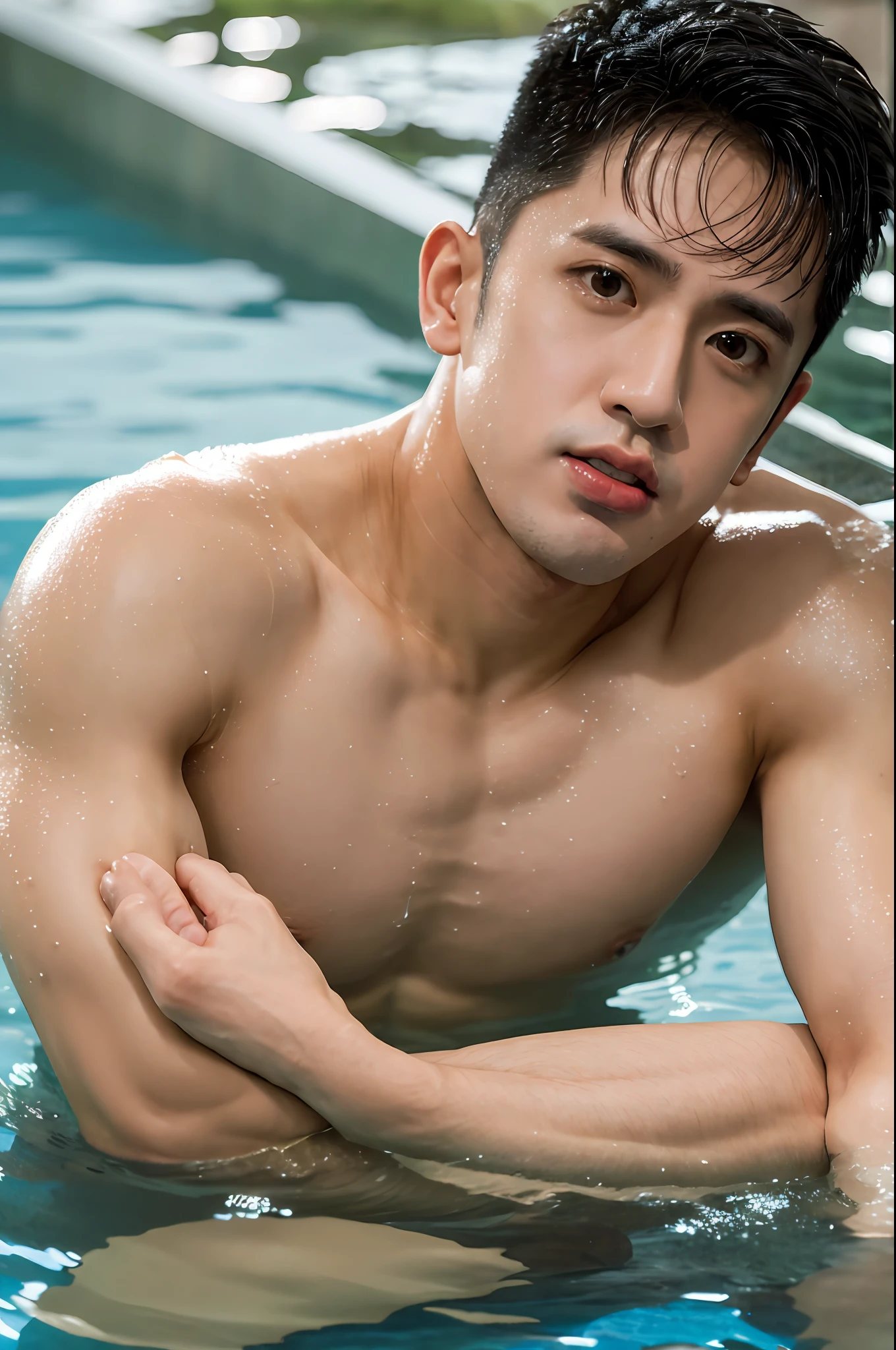 portrait of david licauco, mature, barechest, man, wet, biceps. high quality, dynamic angle, masterpiece, chest