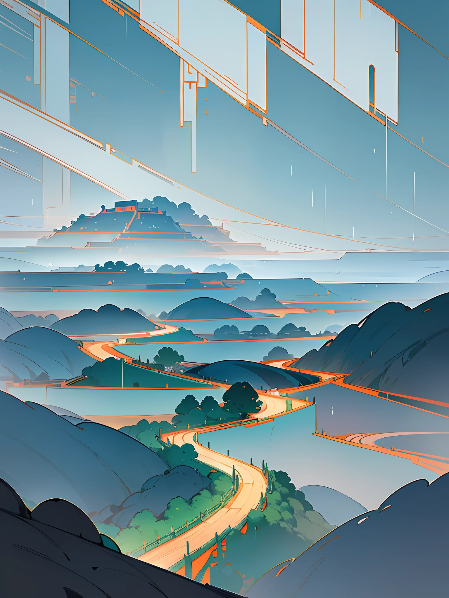 (Chinese landscape), abstract painting, (Zen, Amy Sol style), (rainy days,rain), (terraces), chinese style architecture, mountains, cover art with light abstraction, simple vector art, contemporary Chinese art, color gradients, soft color palettes, layered forms, whimsical animation, style Ethereal abstract, 4K, --v6