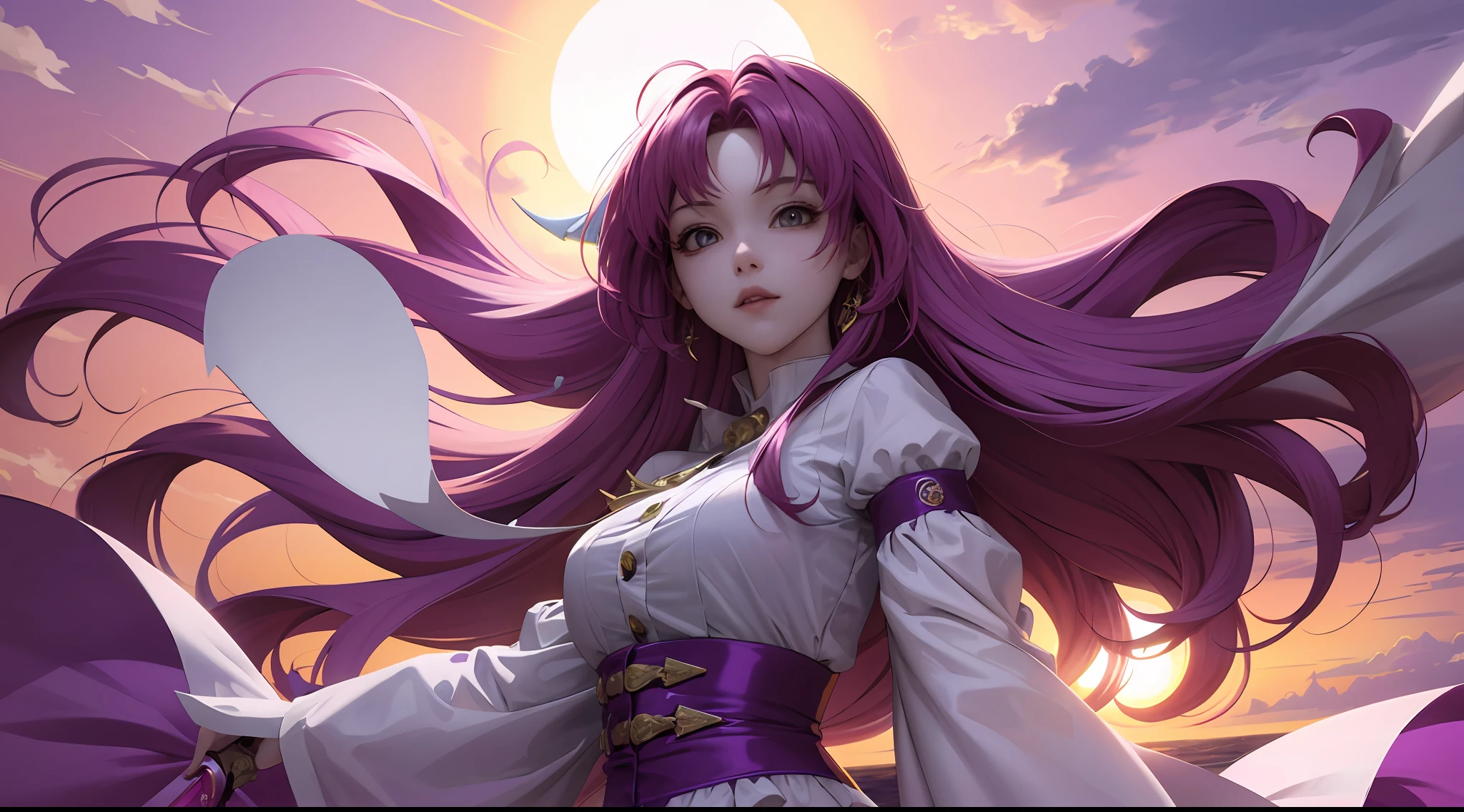 (highly detailed, colorful, 8k anime style wallpaper), wide angle, bright sun backdrop, ghostly atmosphere, [resolute anime (1girl) long purple hair, slicing through the air with a sword, cheeky look:]