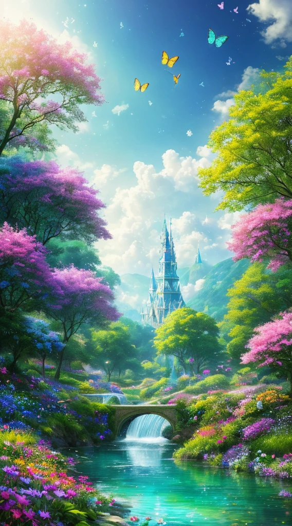 masterpiece, best quality, high quality, extremely detailed cg unity 8k wallpaper, an extremely colorful and purely fantasy environment with vibrant hues and a bright sky, landscape of bright green grass, colorful trees, glittering fruits, and bright blue flowers. the streams are a deep shade of blue, and the air is filled with sweet exotic scents. the environment appears to be taken out of a dream, with luminescent butterflies and giant colorful birds flying around, award winning photography, bokeh, depth of field, hdr, bloom, chromatic aberration ,photorealistic,extremely detailed, trending on artstation, trending on cgsociety, intricate, high detail, dramatic, art by midjourney