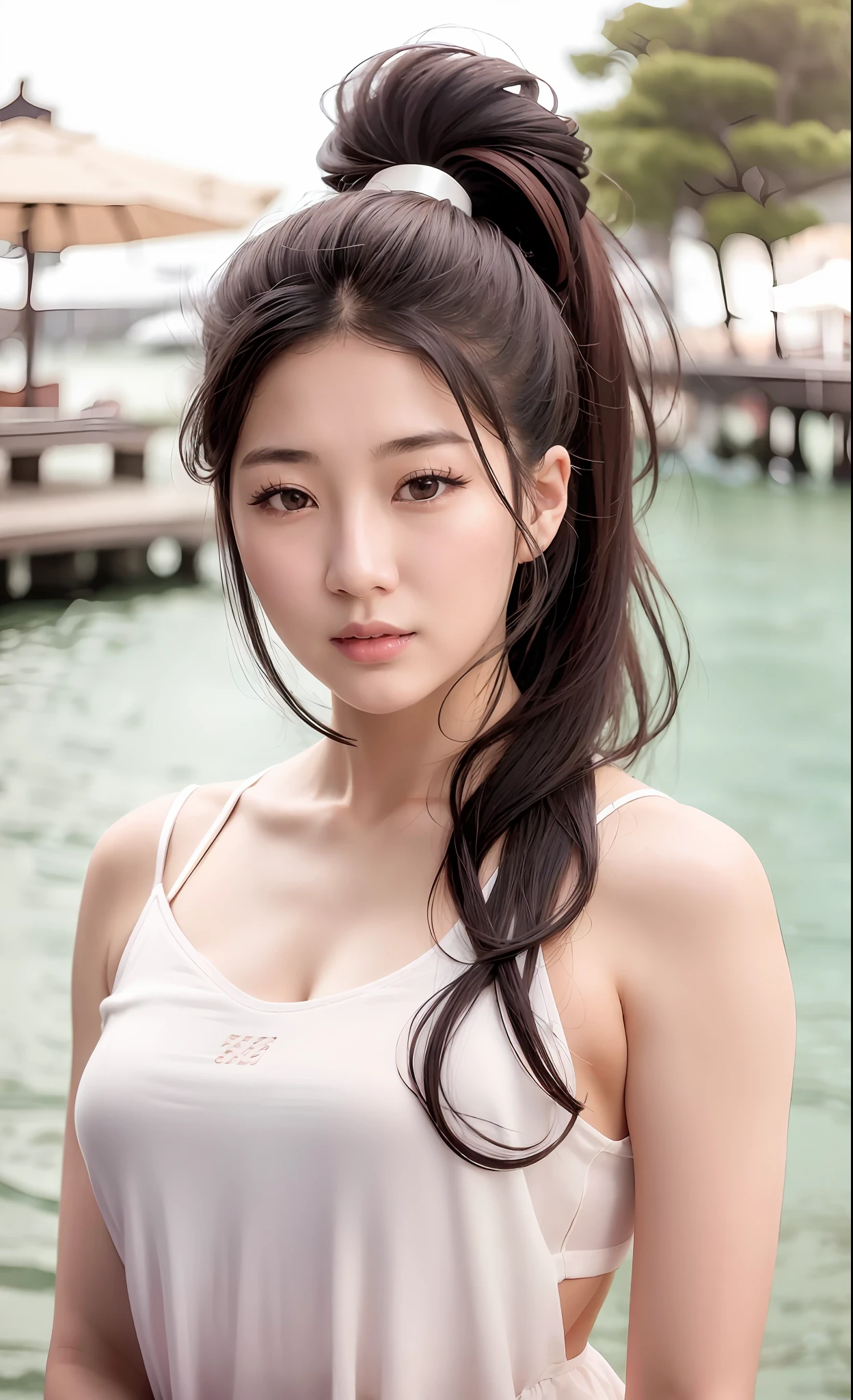 arafed asian woman with ponytail hair and camisole, korean girl, standing at the pier, beautiful south korean woman, gorgeous young korean woman, beautiful young korean woman, asian girl, young adorable korean face, portrait of female korean idol, jaeyeon nam, korean woman, straight hairstyle, ulzzang, popular korean makeup, popular south korean makeup