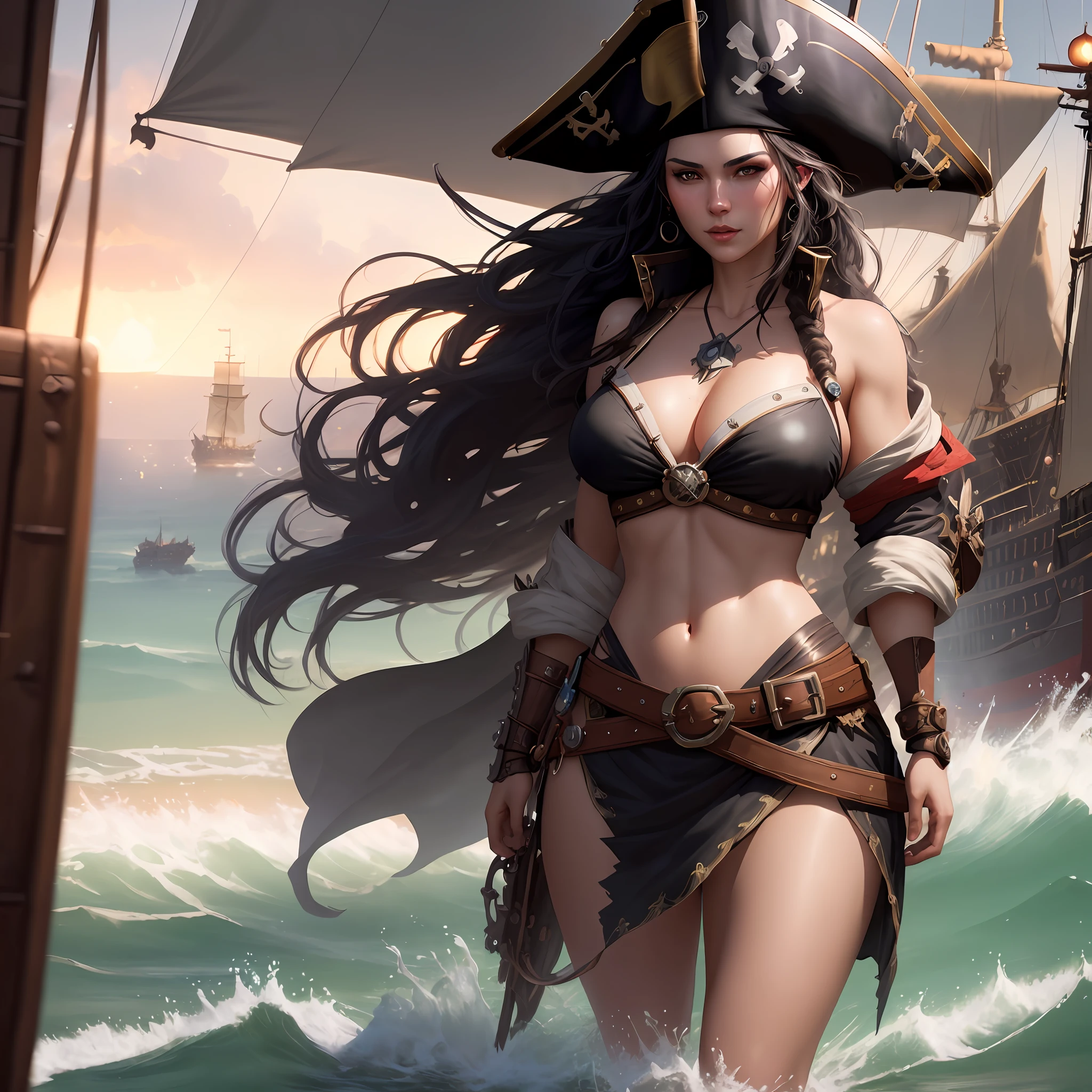 pirate girl in bikini and pirate hat standing in front of a ship on fire, female pirate, female pirate captain, highly detailed 4k digital art, karol bak uhd, deviantart artstation cgscosiety, beautiful digital art, 3d rendering character art 8k, Artstation contest winner, by Marek Okon, pirate queen, best of artstation, pirate portrait, long black hair, oily skin, sexy lips, full breasts, perfect body, a masterpiece, 8k resolution, trend in artstation, dramatic, ultrasexy, big chest, big bust, rough texture, sharp focus, highly detailed intricate, vibrant triadic colors. Photorealism HDR portrait, “by Artgerm, Pixar, WLOP”, tertiary color, splashes, dripping, intricate, 8k resolution concept art, beautiful composition, natural lighting, perfect proportions, dslr, sharp focus, photorealistic, very, very high detailed