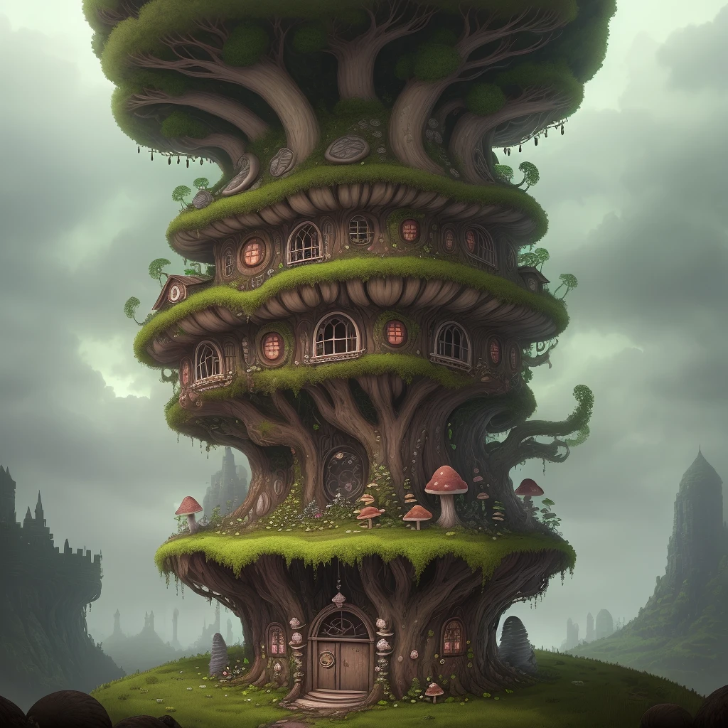 A building covered with mushrooms and plants, with a monster fusion style, like a dark fortress