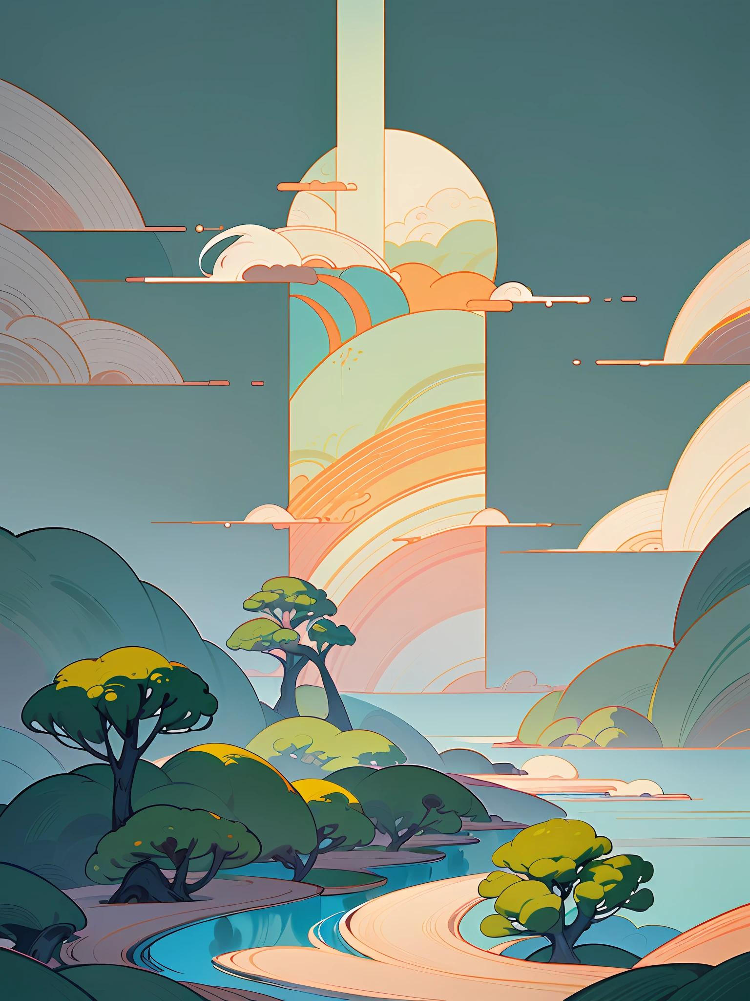 (Chinese landscape), abstract painting, (Zen, Amy Sol style), (spring, green tree, peach blossom, stream, Chinese style architecture), cover art with light abstraction, simple vector art, contemporary Chinese art, color gradients, soft color palettes, layered forms, whimsical animation, style Ethereal abstract, 4K, --v6