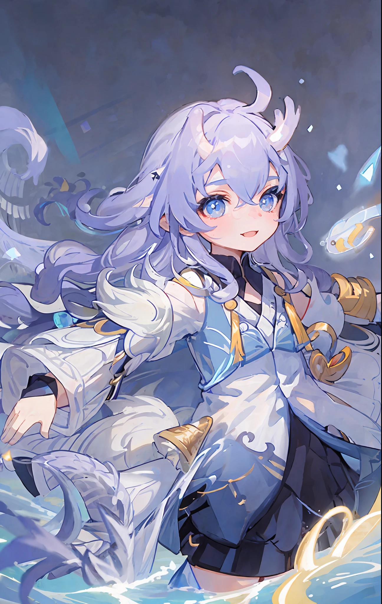 (best quality: 1.3), (masterpiece: 1.3), (illustration: 1.3), (super detailed: 1.3), (imid shot: 0.9), 1girl, solo, very young, upper body, short neck, small chest, Child (soaked in the stream: 1.2), dragon tail, girl, ahoge, blue eyes, gemstone eyes, super thin eyes, super thin face, shut up, smile, water, fish, sea, horns, costumes, Donglong,
