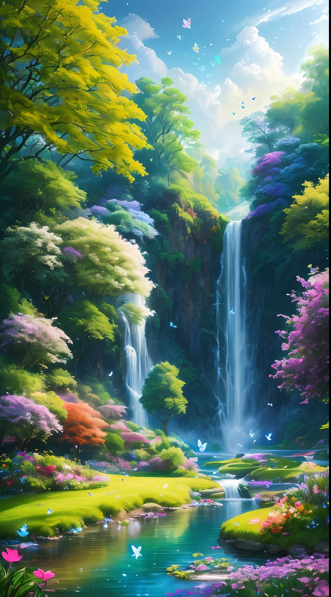 masterpiece, best quality, high quality, extremely detailed cg unity 8k wallpaper, an extremely colorful and purely fantasy environment with vibrant hues and a bright sky, landscape of bright green grass, colorful trees, glittering fruits, and bright blue flowers. the streams are a deep shade of blue, and the air is filled with sweet exotic scents. the environment appears to be taken out of a dream, with luminescent butterflies and giant colorful birds flying around, award winning photography, bokeh, depth of field, hdr, bloom, chromatic aberration ,photorealistic,extremely detailed, trending on artstation, trending on cgsociety, intricate, high detail, dramatic, art by midjourney