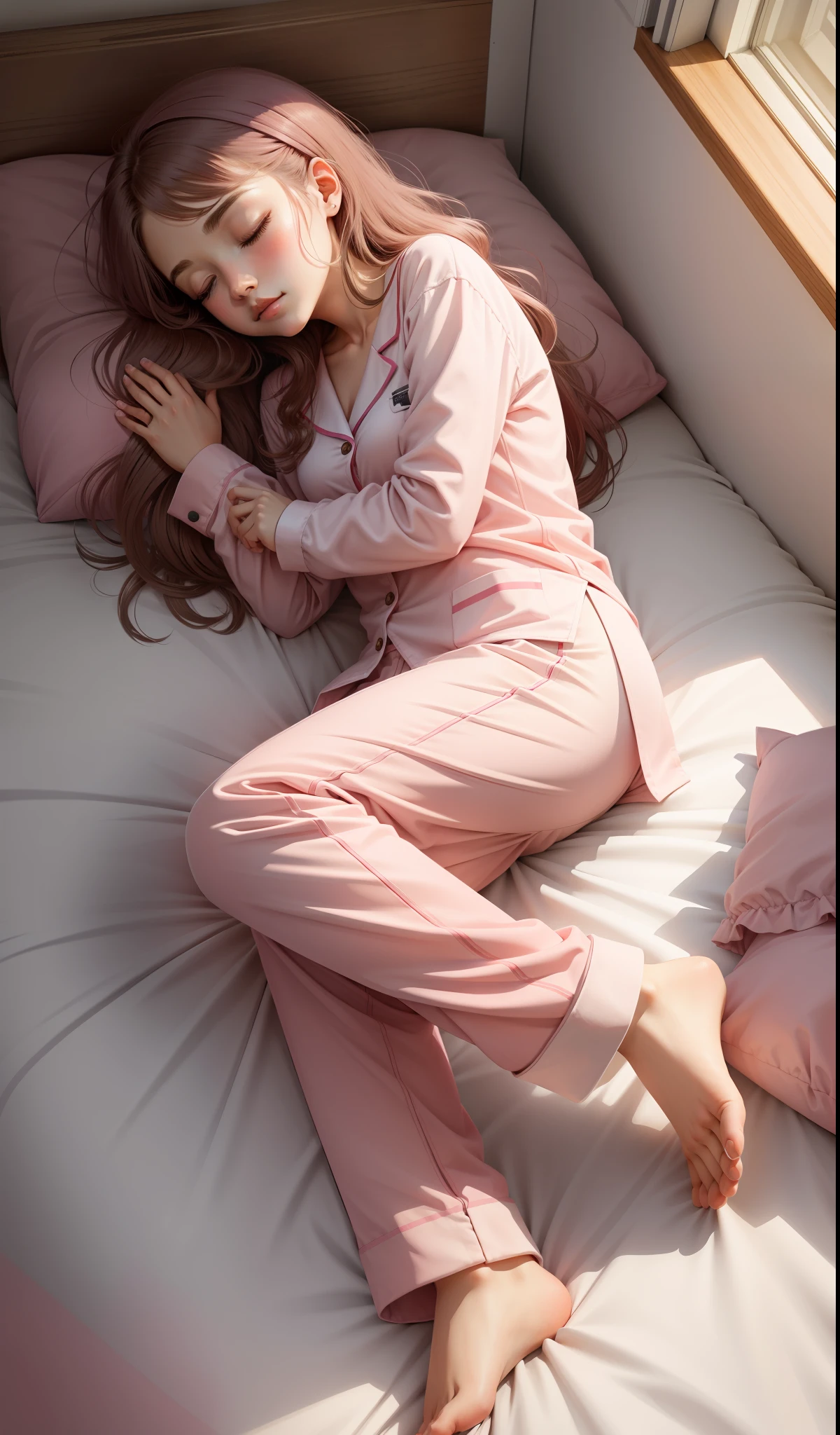 Sleeping girl, 22 years old, realistic, she is wearing long pants, she is wearing pink pajama, brown hair.
