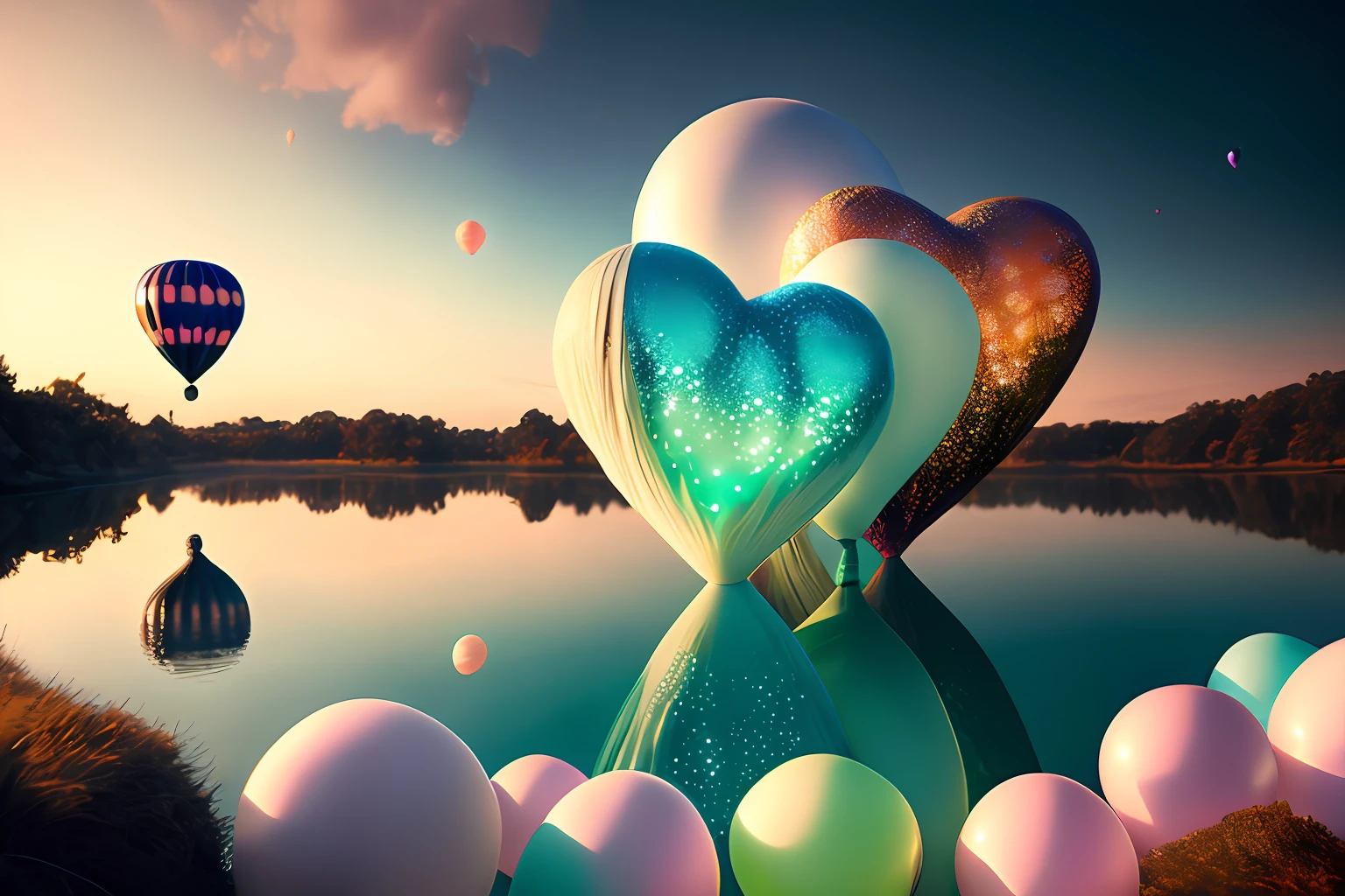 Immerse yourself in a world of pure beauty and wonder, where small, bioluminescent heart-shaped balloons float gracefully above the clouds. These enchanting balloons emit a gentle, otherworldly glow that illuminates the surrounding atmosphere. Against this mesmerizing backdrop, a captivating pair of nymphs appears, exuding a breathtaking beauty that captivates the senses. The composition of the scene is flawlessly arranged, with the nymphs positioned in perfect harmony with the floating balloons, creating a visually stunning tableau. The level of detail in this image is extraordinary, capturing the delicate textures and intricate patterns of the balloons, as well as the ethereal features of the nymphs. This photograph is a true work of art, a masterpiece that showcases the beauty and magic of the natural world. It is captured in astonishing 4K resolution, ensuring that every exquisite detail and breathtaking moment is preserved in breathtaking clarity --no toy, sculpture, 2 heads, 2 faces, ugly, tiling, poorly drawn hands, poorly drawn, crossed eyes, poorly drawn face, out of frame, extra limbs, disfigured, deformed, body out of frame, blurry, bad anatomy, blurred, watermark, grainy, signature, cut off, draft, duplicate, distortion of proportions, anatomy, coppy, multi, two faces, disfigured, kitsch, oversaturated, grain, low-res, mutation, mutated, extra limb, missing limb, loating limbs, disconnected limbs, malformed hands, blur, out of focus, mutilated, mangled, old, heterochromia, dots, bad quality, weapons, NSFW, draft -