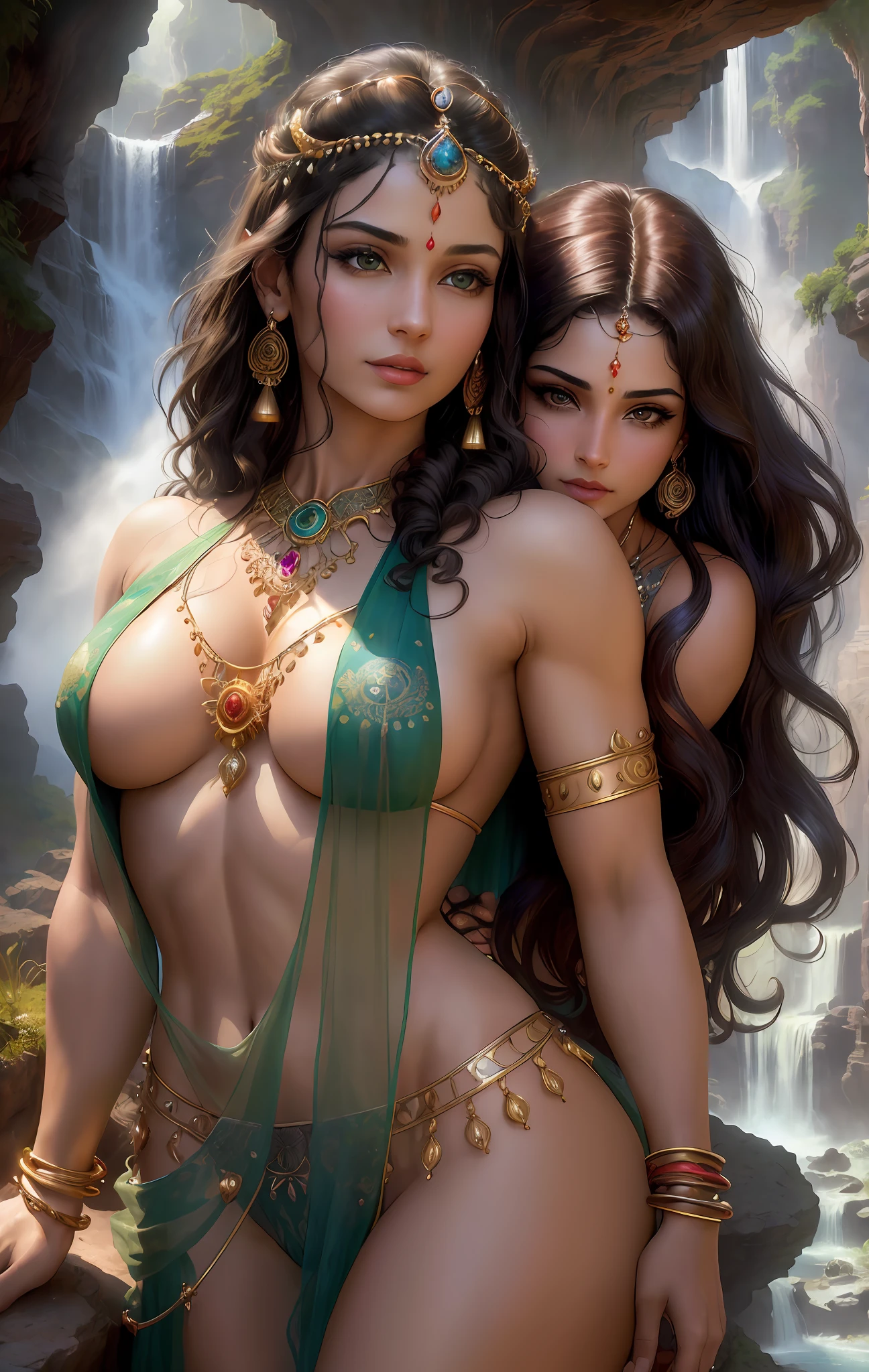 ((realistic:1.5)),((best quality)), ((masterpiece)),((detailed)), (1girl), {a beautiful female wearing a Sari}, (upper body:1.3),super-wide-angle lens,face focus, mature,sexy,toned muscles,long legs,curvy, barefoot, medium breasts, open cleavage, drooping breasts, thick thighs,wide hips, thin legs, green eyes,long black hair,floting hair,long eyelashes, (detailed face,beautiful eye, detailed pupilss,detailed clothes features, clear background:1.3), (Bindi,Jhumkas:1.3), (Armlet, Haar, Payal,Maang Tikka,Jhumkas,Kamarband,Bangles:1.3), mysterious ancient ruin, lush forests, deep canyons,bridge,river,cliff,cloud, lakes,rock,waterfalls, flowers, grass, fog,vine,tree, smoke, best shadow,bright details,sharp,perfect composistion, Intricate, Sharp focus, dramatic, by Frank Frazetta,by Julie Bell,by Olivia De Berardinis,by Luis Royo,by boris vallejo, (specular lighting:1.3),rim light, princesses, royal skimpy underwear, hugging and touching each other, teasing her friend's waist, blushing friend, biting her friend's ear lobe