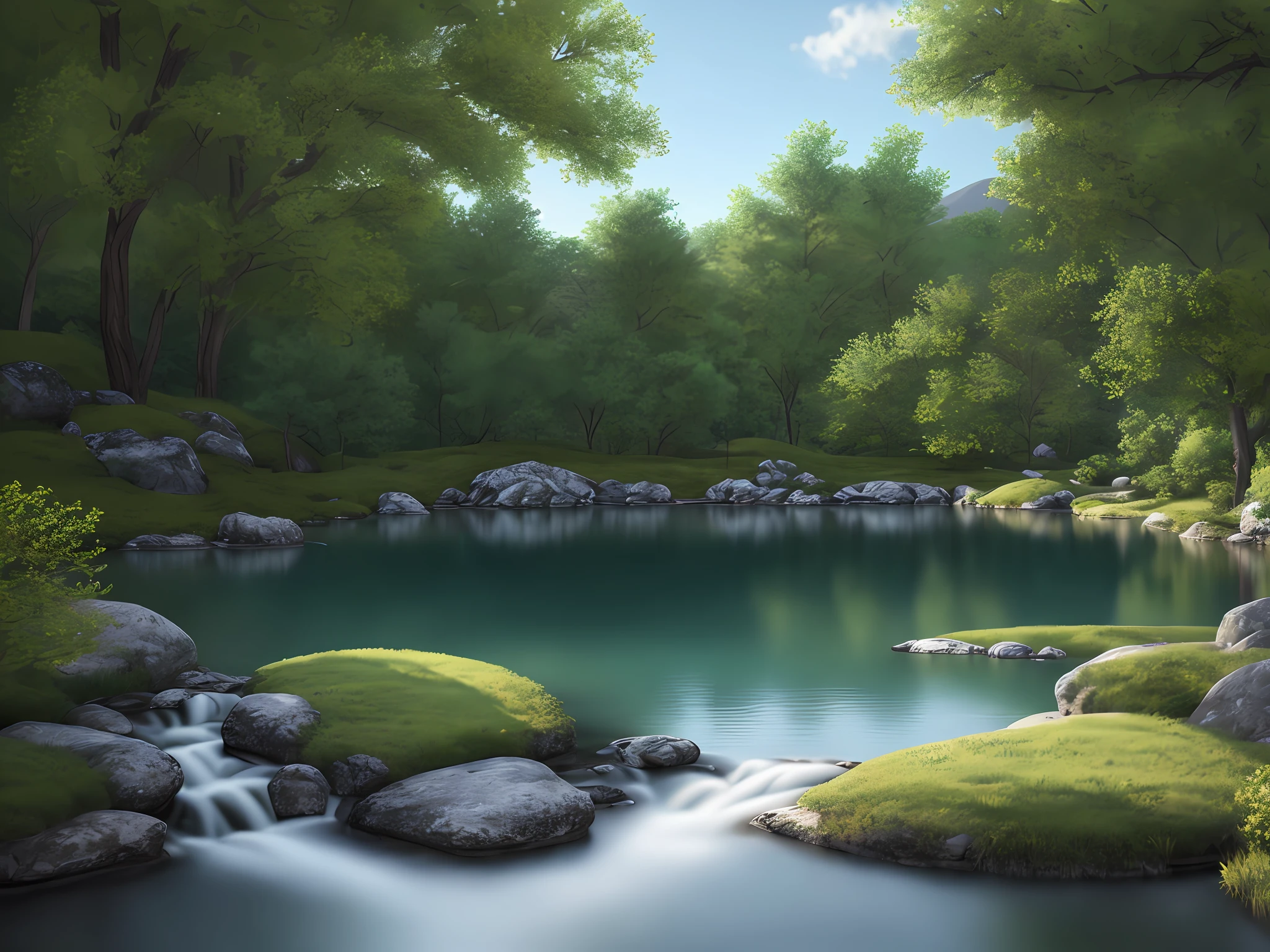 A peaceful place, very pleasant, aesthetic, calm, scenic. photorealistic, 8k uhd, studio quality, ultra realistic, max detail, massive scale, post-processing, realistic, photorealism, photoshop, photography, detailed, cinematic lighting, landscape, panoramic, landscape, raytracing, cinema4d