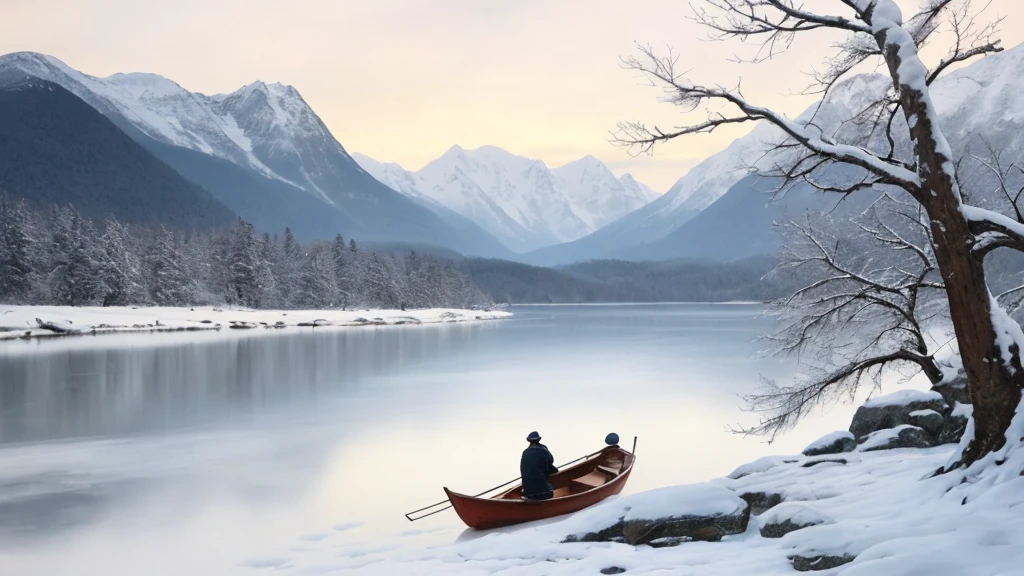 A serene landscape painting depicting a snowy river scene, surrounded by mountains and forests. In the center of the painting, an old man in a straw hat and raincoat sits alone in a small boat, holding a fishing rod. The snow falls gently around him, covering the branches of nearby trees and the surface of the river. The atmosphere is peaceful and tranquil, evoking the sense of isolation and freedom conveyed in the famous poem "A Solitary Boat in Snowy River" (千山鸟飞绝,万径人踪灭。孤舟蓑笠翁,独钓寒江雪). Created using traditional Chinese ink painting techniques or watercolor, with an emphasis on capturing the beauty and stillness of the natural world. --ar 16:9 --v 4