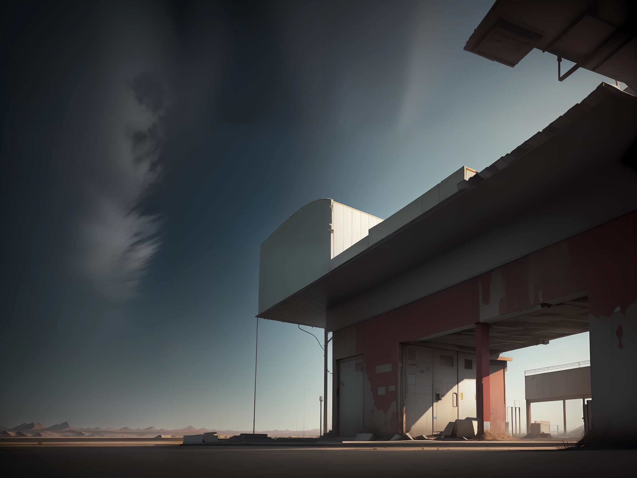 (best quality, ultra-realistic, highly detailed CG unity 8k wallpaper),floating,high resolution,far-reaching vision,marvellous colors, [(deserted gas station, red roof+white building:1.3, wide shot,ground view,inside view):1.2],[(abandoned gas station photography, cars, wide angle lens, vast field of view, abandoned bus stop,marble ground from ground perspective):0.8]
