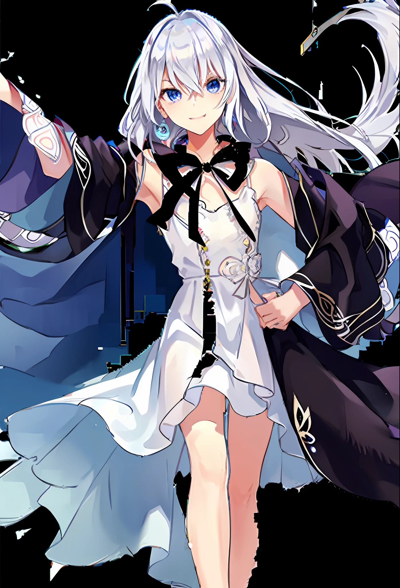 Masterpiece, top quality, girl, androgynous, doll-like, solo, 11 years old, third eye on cheek, white hair, pale skin, beautiful detailed eyes, slender limbs, smooth proportions, (Tsurupeta), cowboy style, (long Berlin party dress with pannier), (spider legs tattooed all over the leg), hollow smile, detailed night view, bustling city with neon lights.