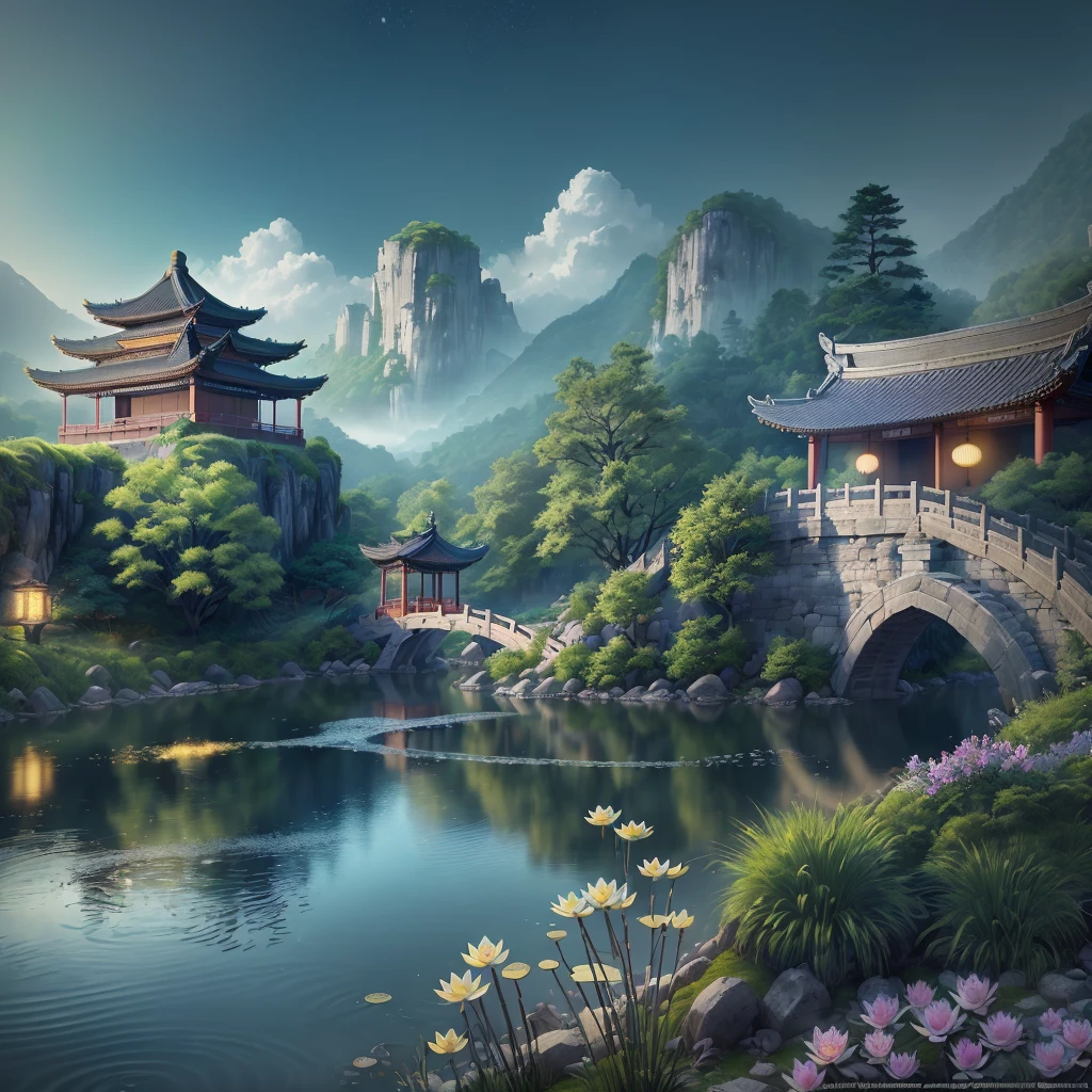 (Beautiful ancient Chinese architecture, moonlight twinkling, lakes at night, shaded by bamboo forests, stone bridge arches, gurgling water, rockery stone paths, blooming water lilies, hot spring water vapor, auspicious moonlight illustration: 1.0), epic composition, super details Realistic, highly realistic lighting, best wallpaper quality, masterpiece. (very detailed CG unity 8k wallpaper) --v6. --auto