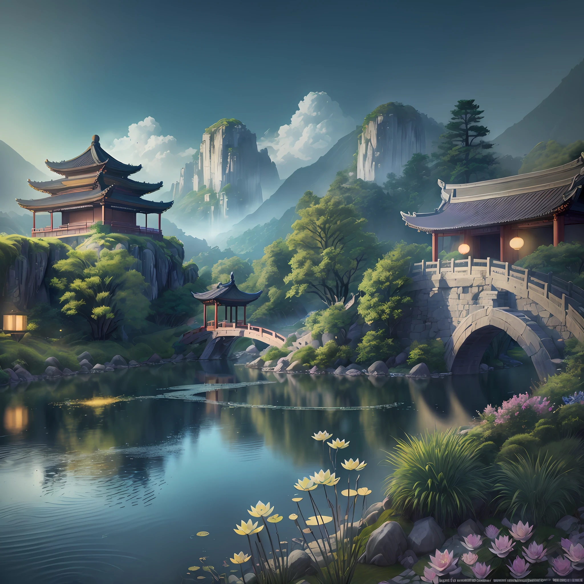 (Beautiful ancient Chinese architecture, moonlight twinkling, lakes at night, shaded by bamboo forests, stone bridge arches, gurgling water, rockery stone paths, blooming water lilies, hot spring water vapor, auspicious moonlight illustration: 1.0), epic composition, super details Realistic, highly realistic lighting, best wallpaper quality, masterpiece. (very detailed CG unity 8k wallpaper) --v6. --auto