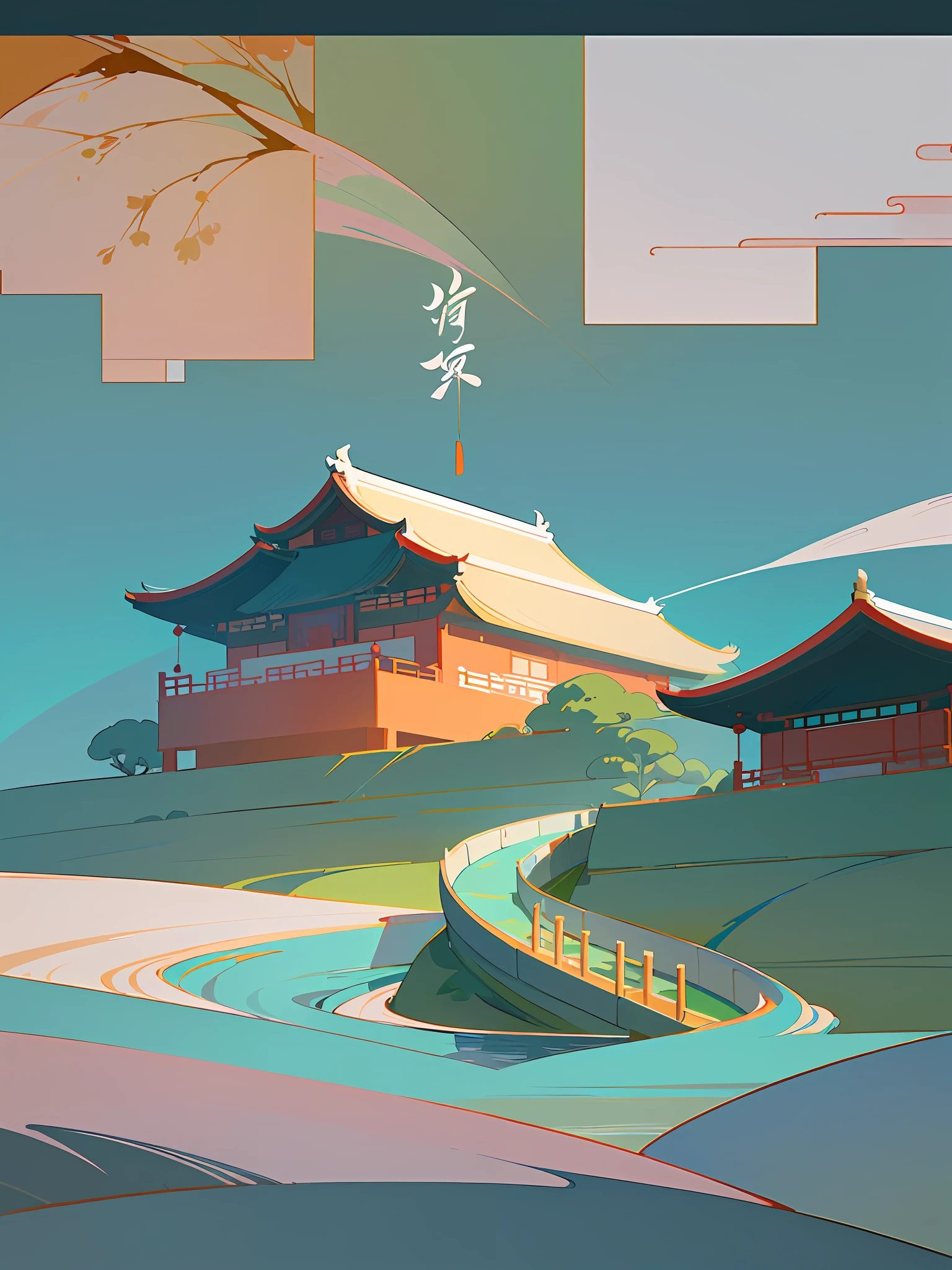 (Chinese landscape), abstract painting, (Zen, Amy Sol style), (spring, green tree, peach blossom, stream, Chinese style architecture), cover art with light abstraction, simple vector art, contemporary Chinese art, color gradients, soft color palettes, layered forms, whimsical animation, style Ethereal abstract, 4K, --v6