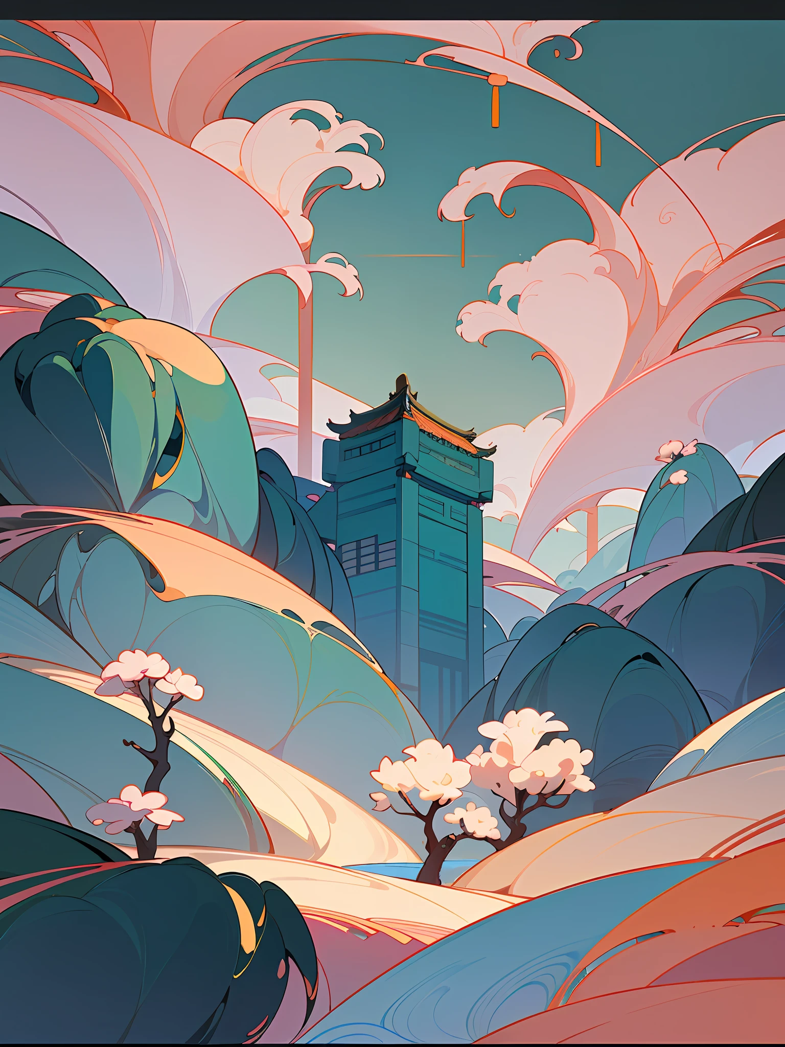 (Chinese landscape), abstract painting, (Zen, Amy Sol style), (spring), (green tree, peach blossom, stream, Chinese style architecture), cover art with light abstraction, simple vector art, contemporary Chinese art, color gradients, soft color palettes, layered forms, whimsical animation, style Ethereal abstract, 4K, --v6