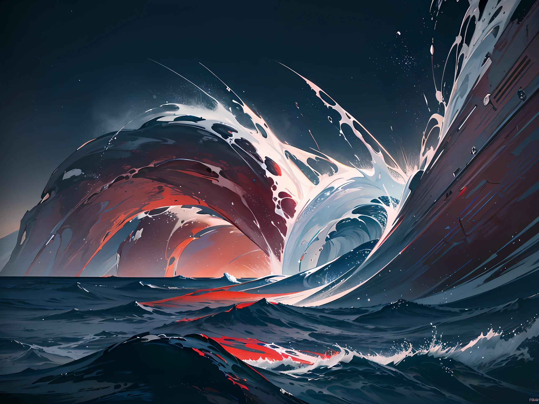 Wallpaper, horror film, red Sea, sea of blood, Breaking Waves, night, dark, fire on the shore,HD Detail, Wet Watermark, Ultra Detail, Film, Hyper Realism, Deep Field Focus Bokeh, Ray Tracing, Diffuse and Ultra realism. --v6