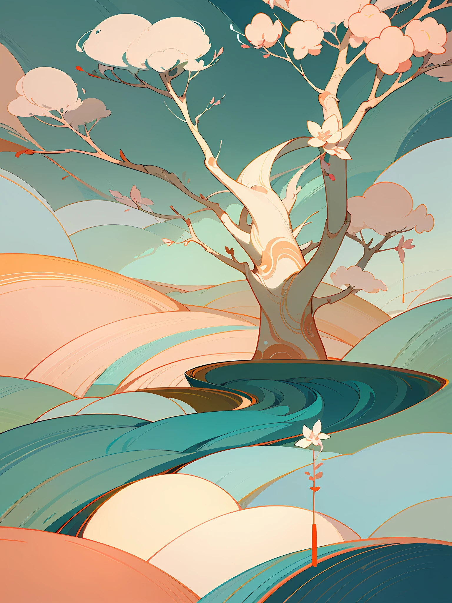 (Chinese landscape), abstract painting, (Zen, Amy Sol style), (spring), (green tree, peach blossom, stream), cover art with light abstraction, simple vector art, contemporary Chinese art, color gradients, soft color palettes, layered forms, whimsical animation, style Ethereal abstract, 4K, --v6