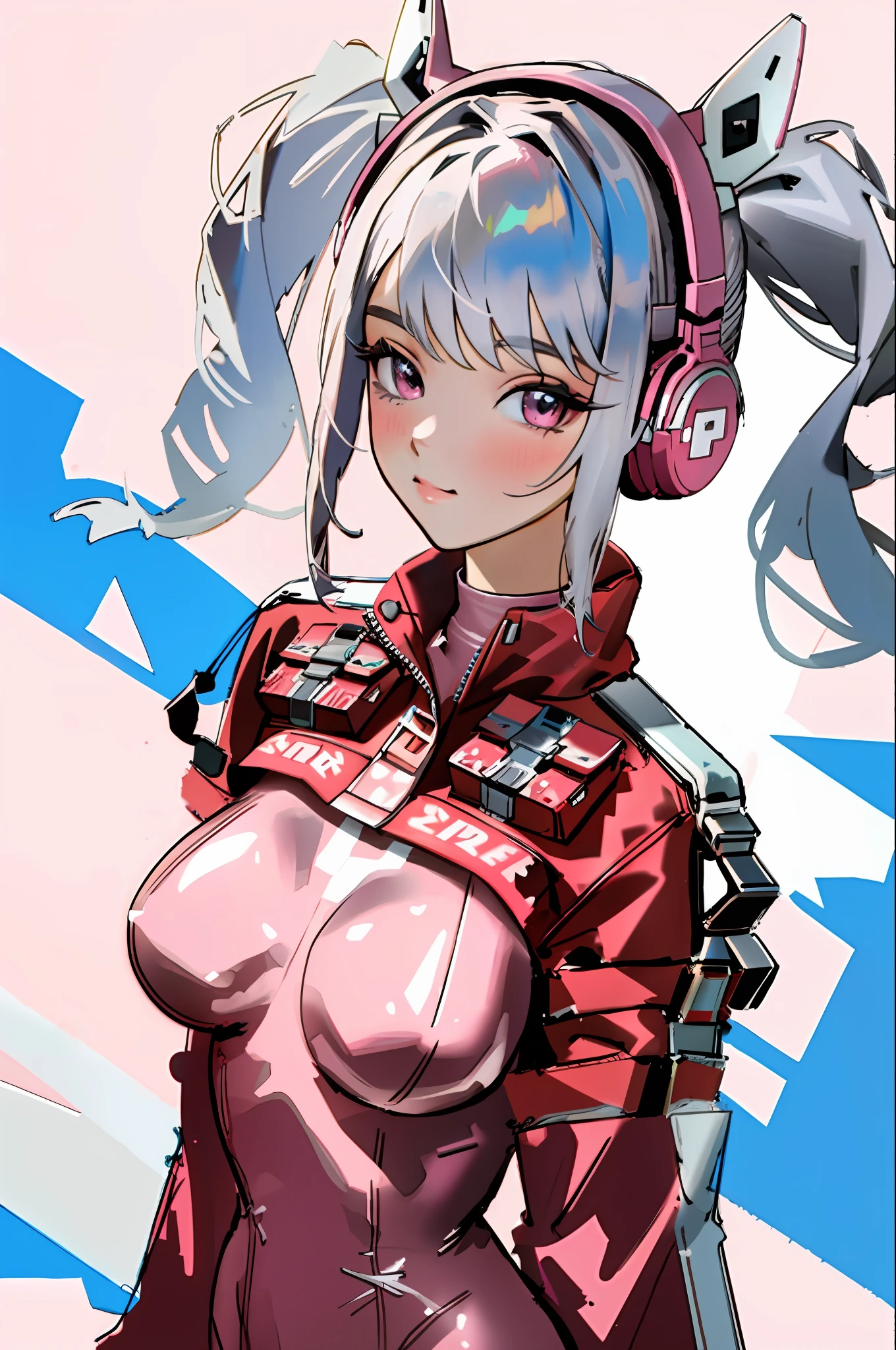 1girl, animal ears, bangs, blush, bodysuit, breasts, closed mouth, fake animal ears, gloves, headphones, headphones, horse ears, impossible clothes, jacket, big breasts, long hair, long sleeves, looking at viewer, pink body Suit, Pink Eyes, Simple Background, Close Skin, Smile, Solo, Twin Tails, Upper Body, Very Long Hair, White Background, White Gloves, White Hair, Alice\(nikke\),(Masterpiece:1.4),(Highest Quality: 1.4) ,(shiny skin),realistic,