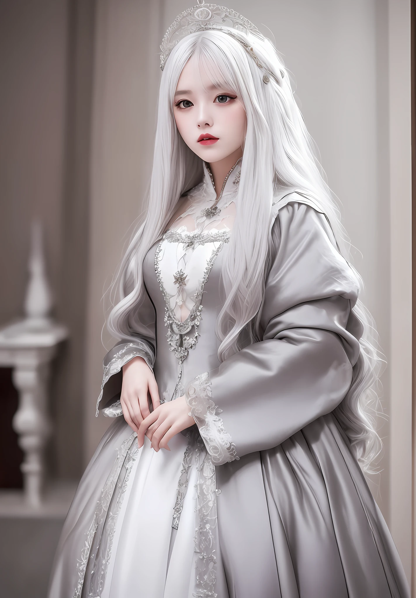 masterpiece, best quality, 1 young woman, detailed, medival dress, messy long hair, standing, look at the viewer, (serious: 0.85), (sliver hair: 1.25), white hair, high res, depth of field, best quality, highly detailed, sharp focus, modelshoot style, indoor