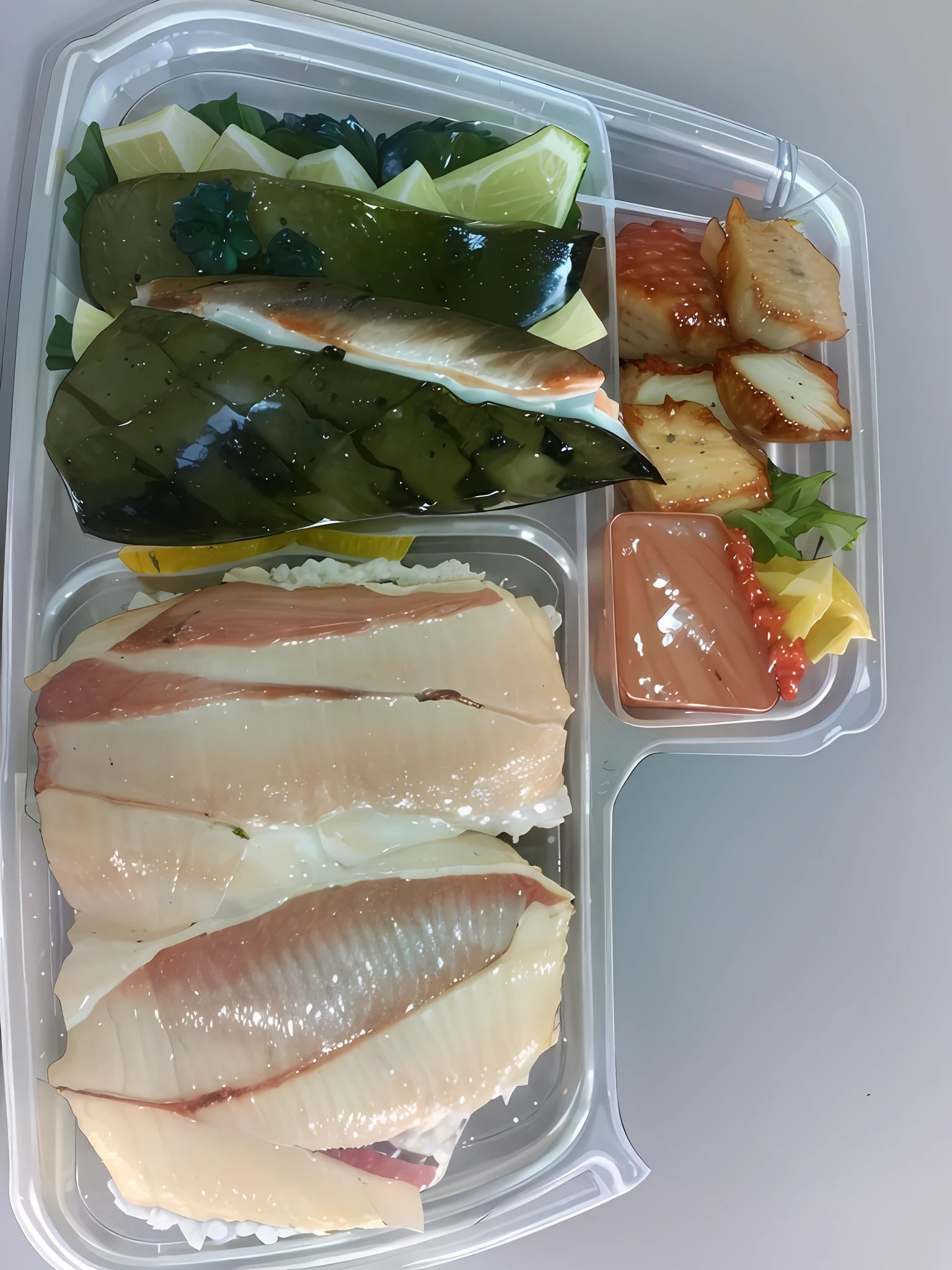 A lunch box filled with seafood, abalone, lobster, steak, caviar, pineapple and other delicacies