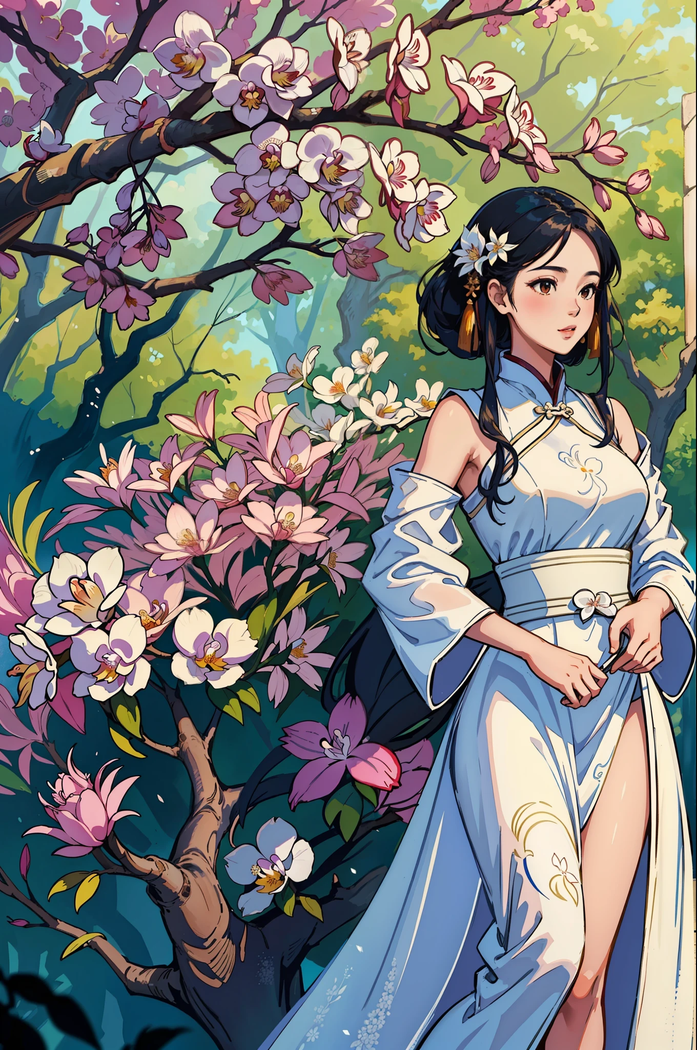 A beautiful girl in ancient China, cool temperament, long white dress, huge orchid, standing under a tree, sunlight, clear face, masterpiece, super detailed, epic composition, high quality, highest quality, 4k --v 6