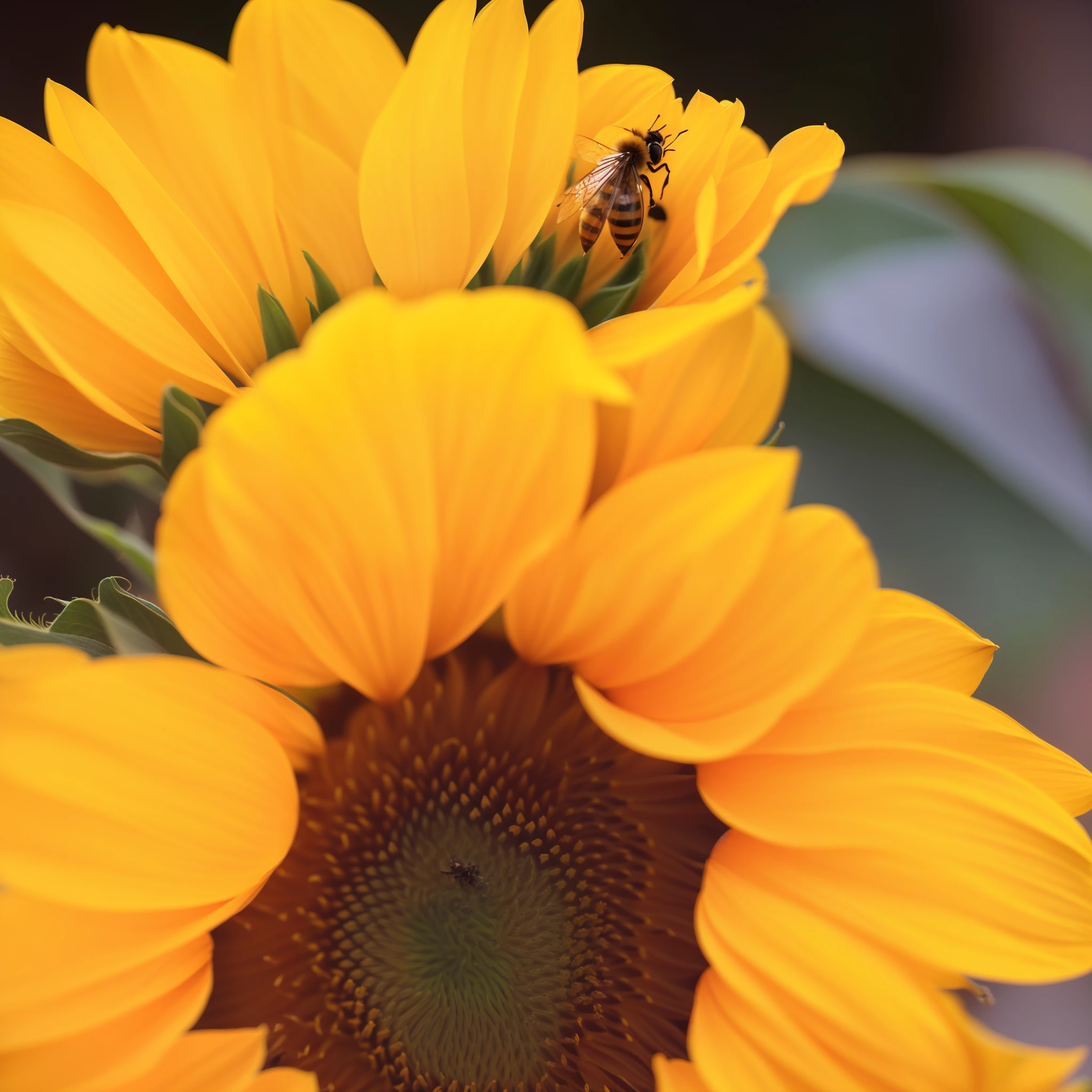 there is a close up of a sunflower with a bee on it, colors: yellow sunflowers, colors : yellow sunflowers, sunflowers in the background, helianthus flowers, sunflowers, sunflower, shot on nikon z9, by Linda Sutton, middle close up shot, shades of gold display naturally, by Yasushi Sugiyama, sunflower background, shot on sony a 7