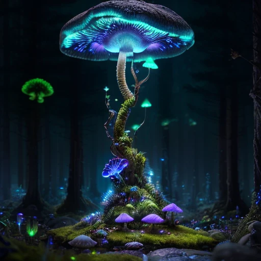 (highly detailed:1.2),(best quality:1.2),8k,sharp focus,(subsurface scattering:1.1)
(glowing magic bioluminescent mushrooms:1.2),psychadelic magic particles inthe air, (neon bioluminescent mushroom forest at night:1.2), (magical fireflies:1.2)
(very detailed trees and rocks and moss:1.2), (highly detailed background:1.3), RPG, Elden Ring style, (fantasy:1.3),(hyperrealistic:1.2), cinematic lighting, highly detailed, artstation,smooth, sharp focus, artgerm, greg rutkowski, alphonse mucha, editor's pickup, trending on artstation, trending on deviantart, wlop