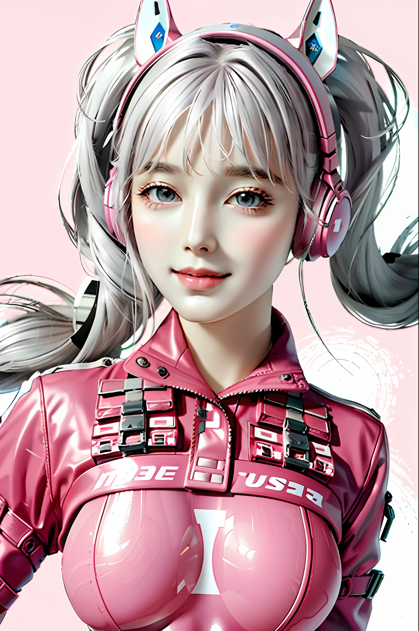 1girl, animal ears, bangs, blush, bodysuit, breasts, closed mouth, fake animal ears, gloves, headphones, headphones, horse ears, impossible clothes, jacket, big breasts, long hair, long sleeves, looking at viewer, pink body Suit, Pink Eyes, Simple Background, Close Skin, Smile, Solo, Twin Tails, Upper Body, Very Long Hair, White Background, White Gloves, White Hair, Alice\(nikke\),(Masterpiece:1.4),(Highest Quality: 1.4) ,(shiny skin),realistic,